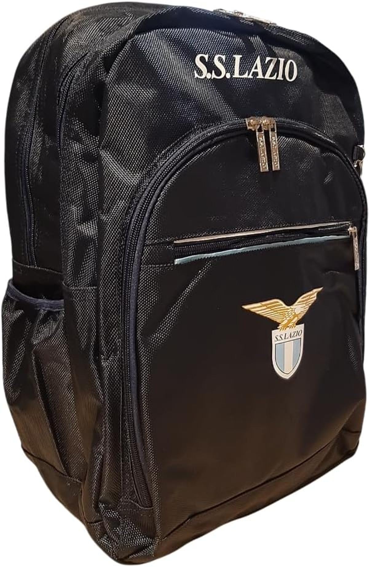 PRESTIGE & DELUXE Zaino scuola Lazio tondo a 3 scomparti chiusura a zip + Astuccio 3 piani completo di cancelleria + portachiave squadra e 10 penne multicolore