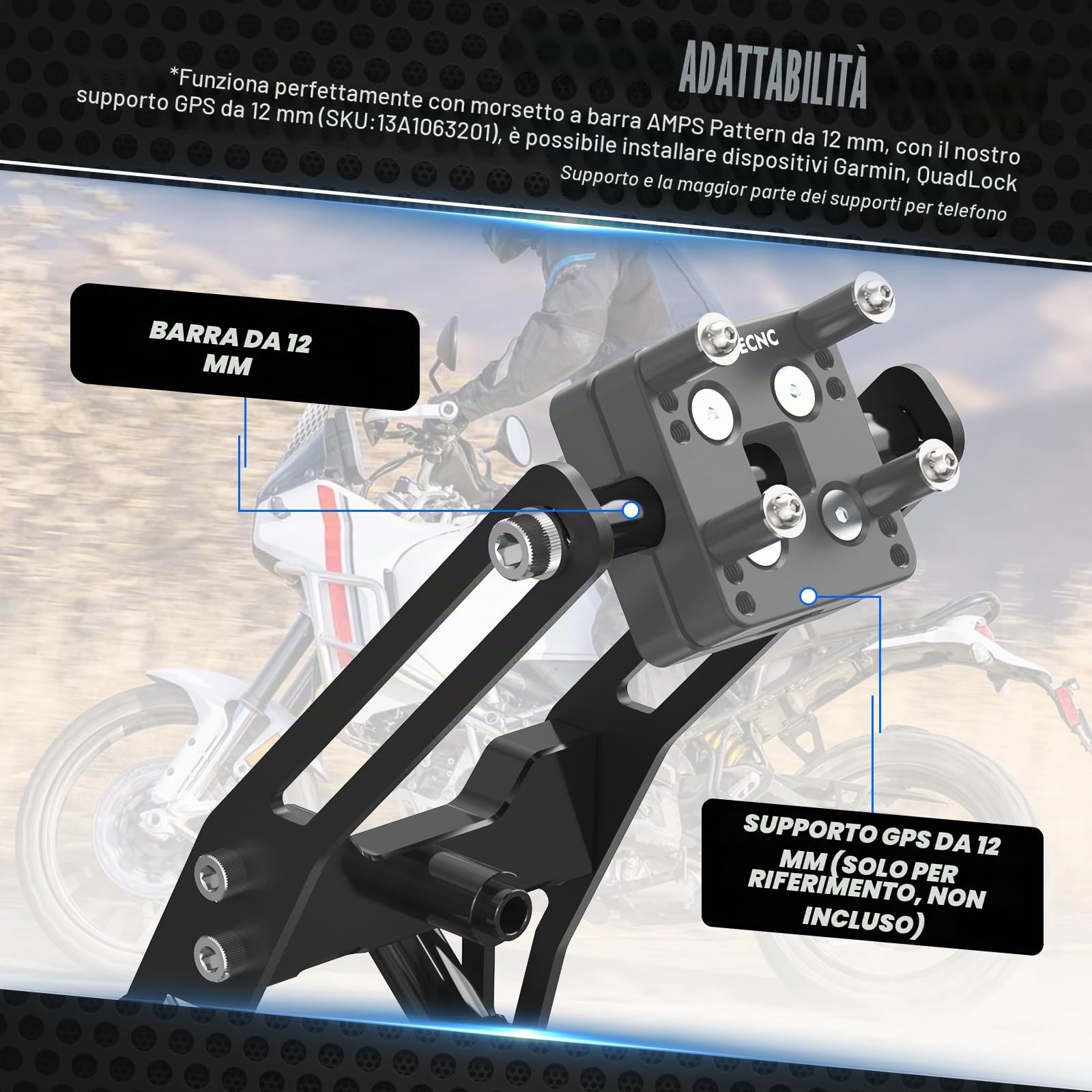 NICECNC Supporto GPS per telefono Compatible with Ducati DesertX 2024, DesertX Rally, lavorato a CNC, superficie anodizzata, 40 mm di corsa verticale regolabile
