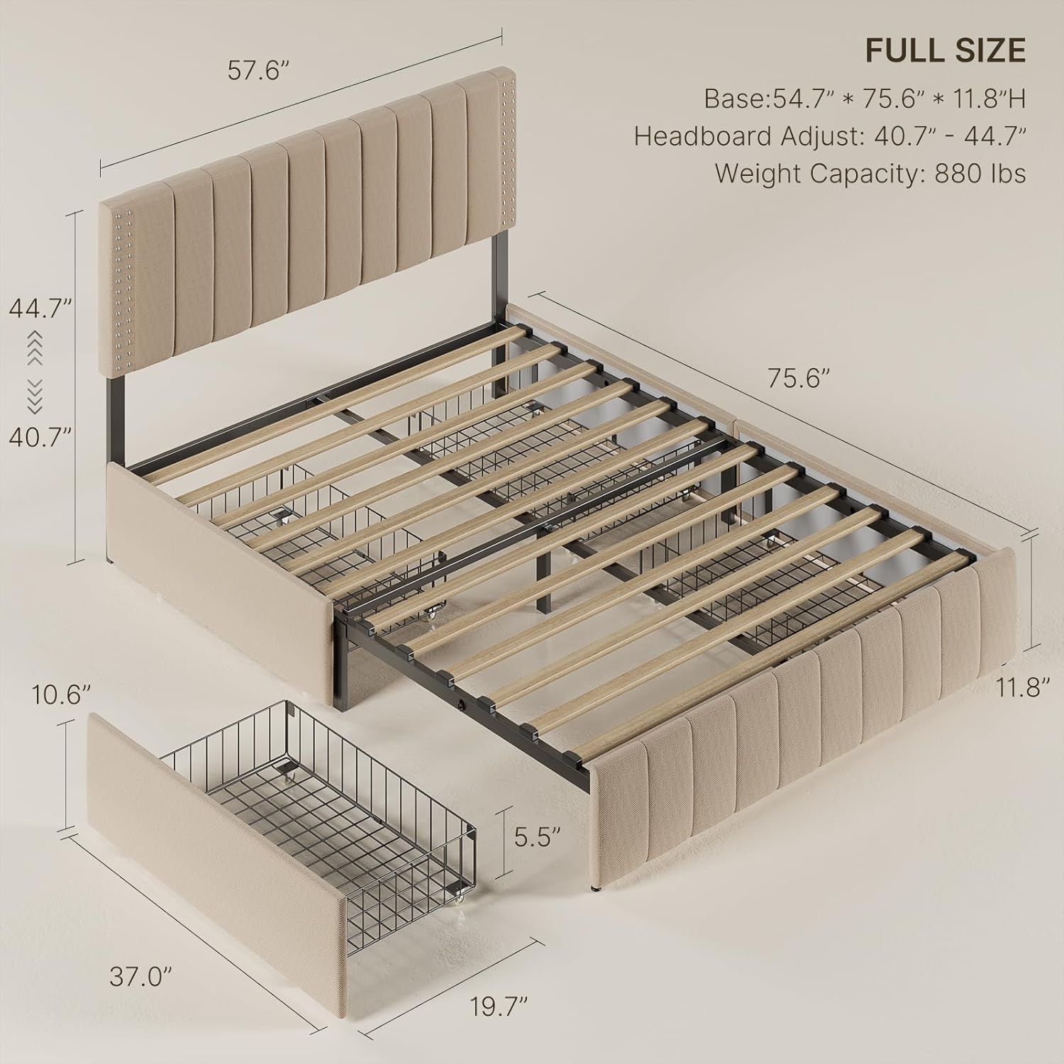 Gizoon Upholstered Full Bed Frame with 4 Storage Drawers, Headboard Adjustable, Noise Free, Wooden Slats Support, Fits 6” to 12” Mattress, No Box Spring Needed