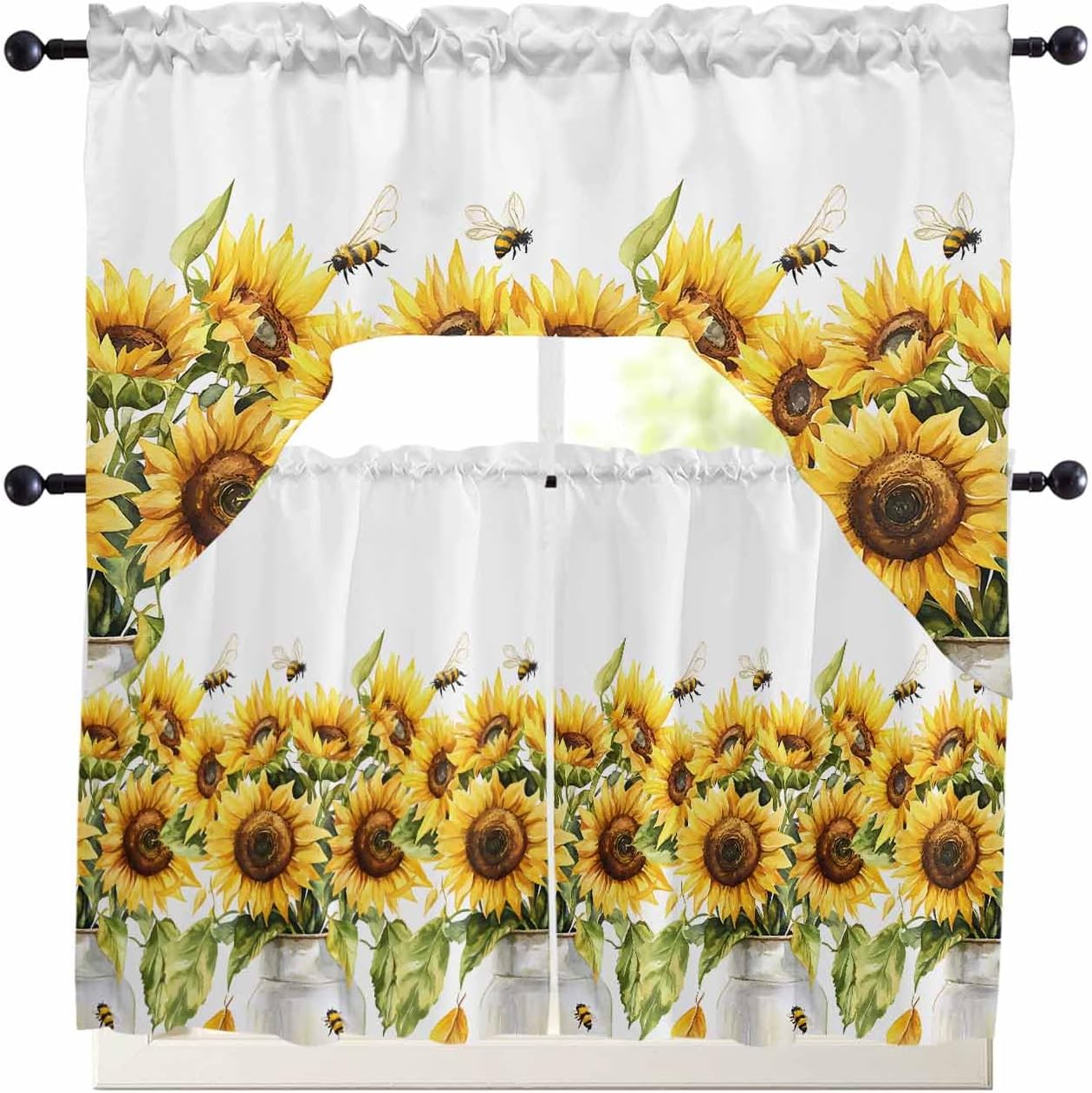 Sunflower Bee Kitchen Curtains Sets 24 Inch Length with Valance, Watercolor Yellow White Summer Spring Swag Valances and Tiers Curtain Set Drapes Swag Curtains for Living Room, Bathroom, Bedroom, Cafe