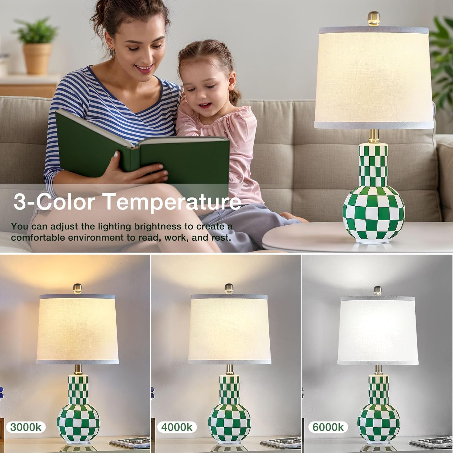 Table Lamps Set of 2 - 21" Modern Table Lamp - Bedside Lamps - Adjustable Color Temperature Vintage Ceramic Table Lamp for Bedroom, Living Room, Nightstand, Office, Reading, Green, Included Bulbs