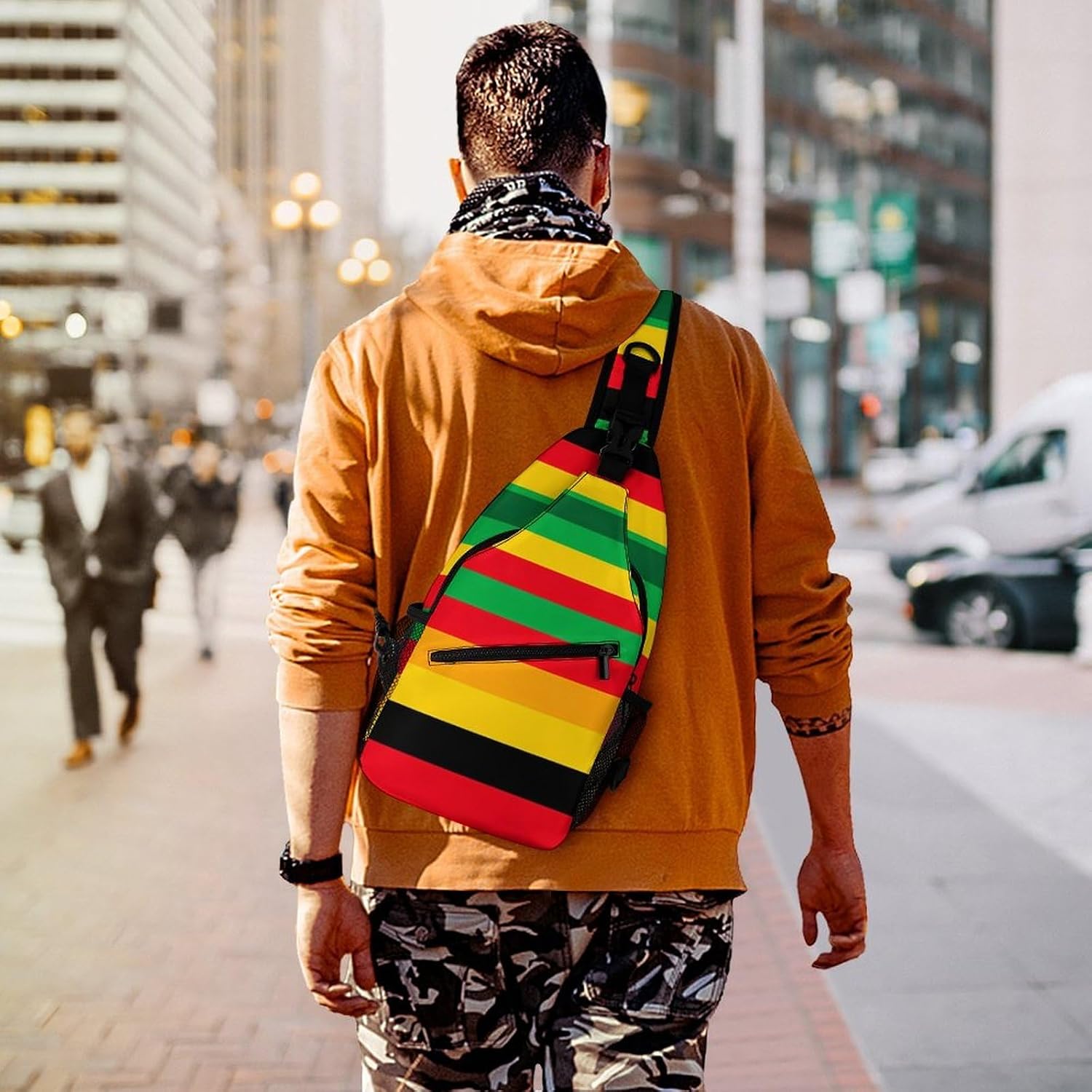 Rasta Stripe Print Men Crossbody Sling Backpack Chest Bag | Travel Fanny Pack,Hiking Daypack,Print Shoulder Bags