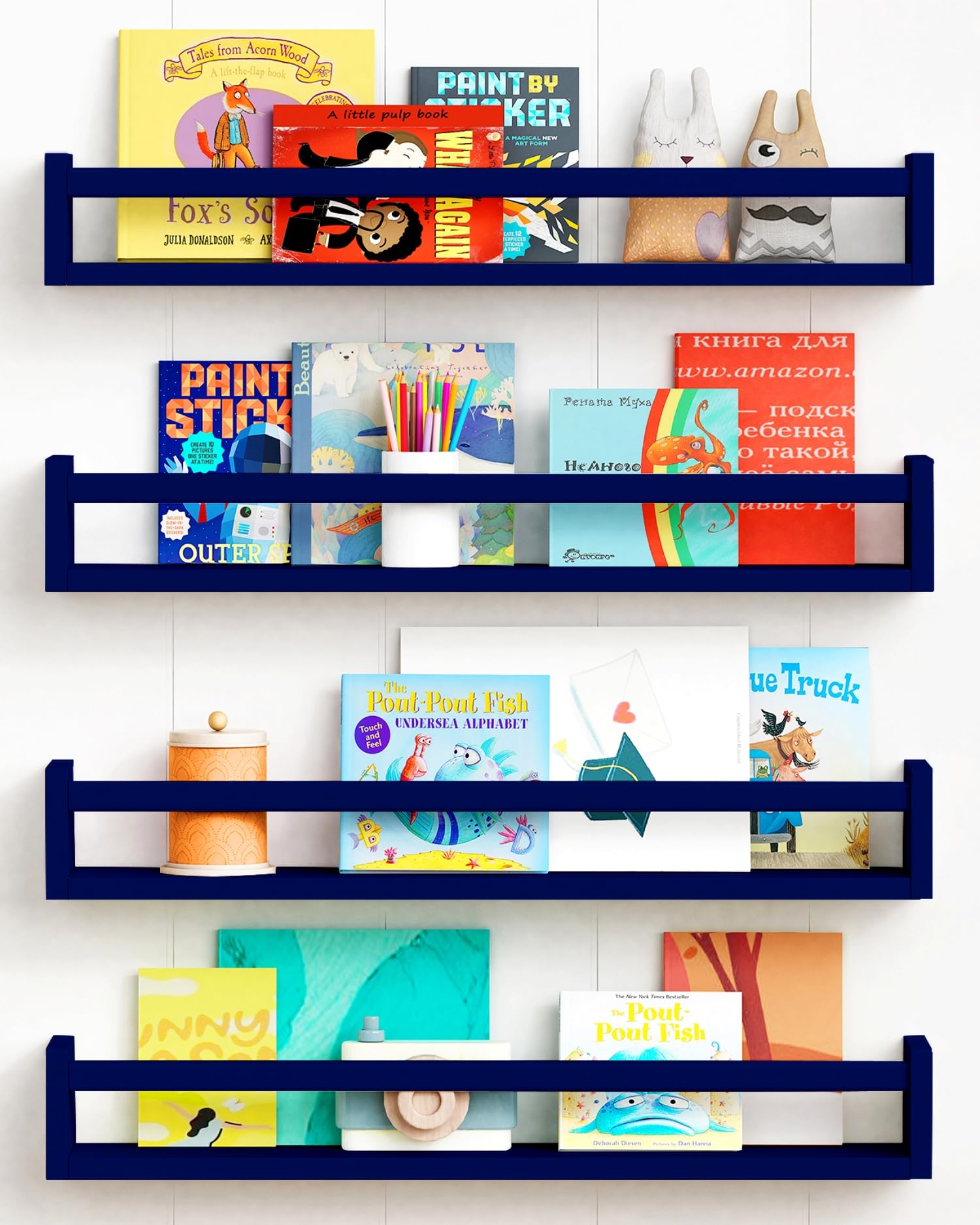 Forbena Wall Book Shelf Organizer for Kids Room Set of 4, Large Floating Bookshelves for Baby Boy Nursery Wall Deocr, 24 Inches Wall Mount Bookshelf for Toddler Child Teen Boys Bedroom (Navy Blue)