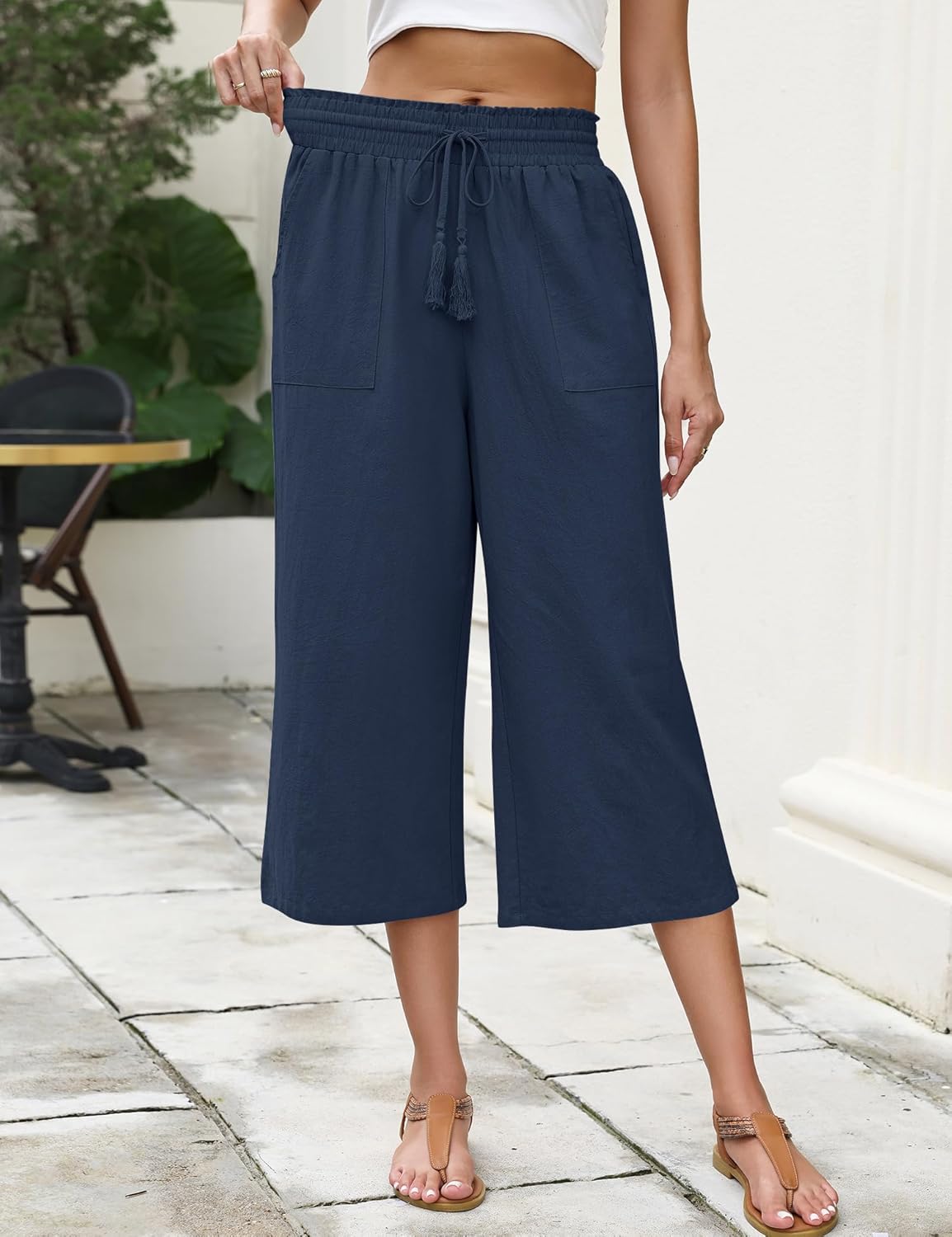 LOMON Women's Linen Capri Pants Wide Leg with Drawstring Elastic Waist Casual Cropped Pant - Image 3