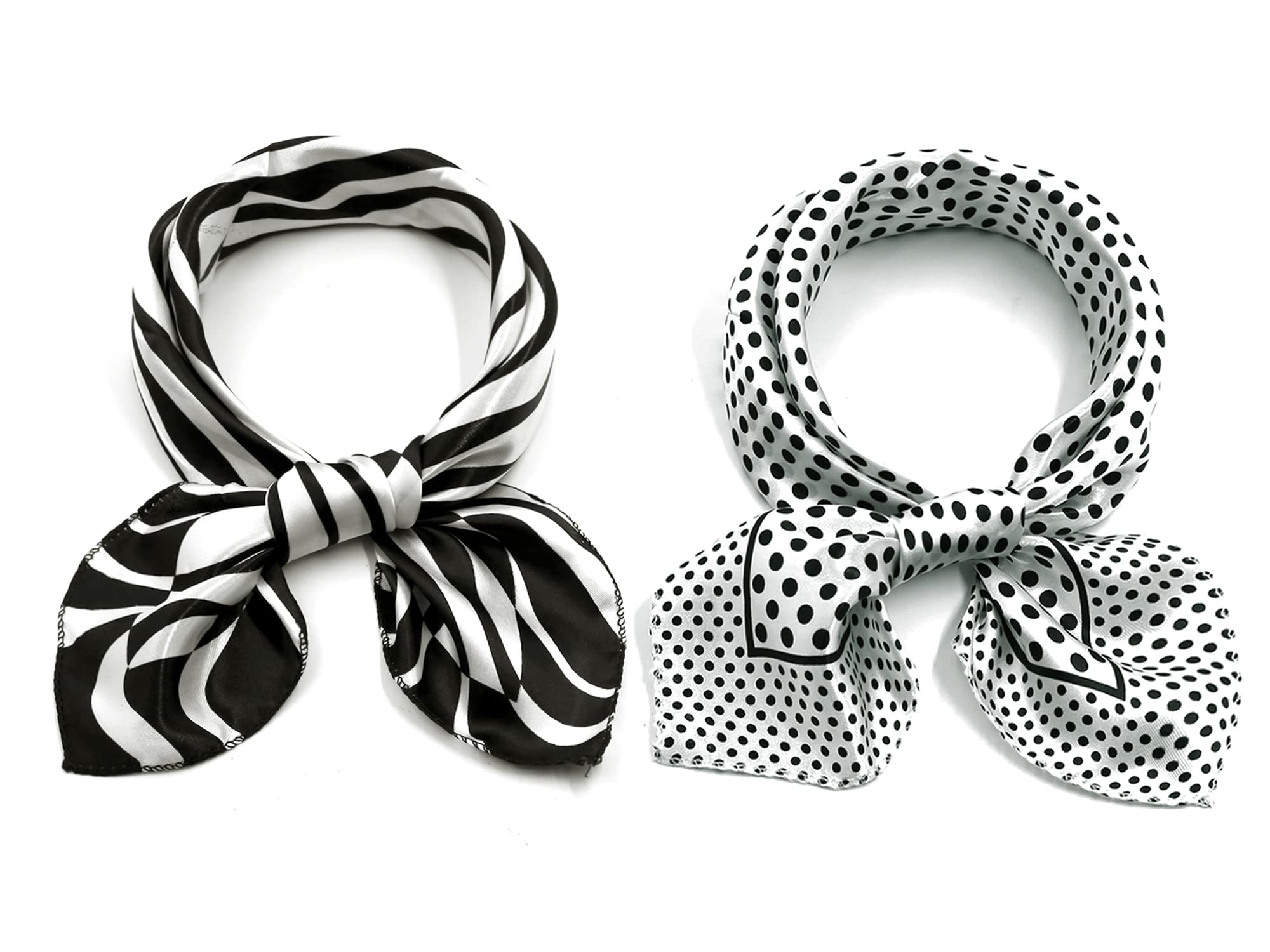 Elerevyo 2Pcs Women's Satin Silky Scarves - 19.6"x19.6" - Square Printed Neckerchief Neck Scarf Black Zebra&White Dots 50 * 50cm/19.69 * 19.69"(L*W)