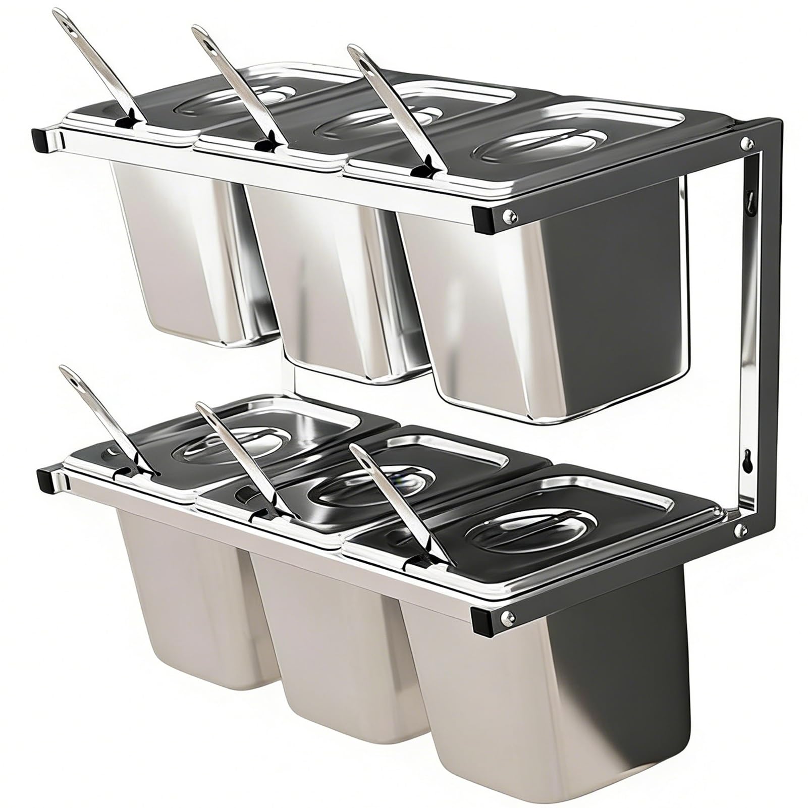 SaryEdge 2Tier Stainless Steel Pizza Topping Station With Spoons & Lids Wallmounted Spice Rack 6/8/10 Compartments For Kitchen & Restaurant Use 3Pcs,15Cm-3Pcs-,
