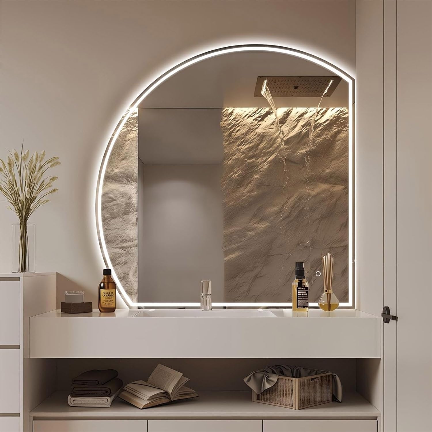 WQZzjm LED Bathroom Mirror 36 Inch, Smart HalfMoon Wall Mirror, Adjustable Brightness, 3 Color Modes, AntiFog, Irregular SemiCircle Design, Left Side (Left 40in/100cm)