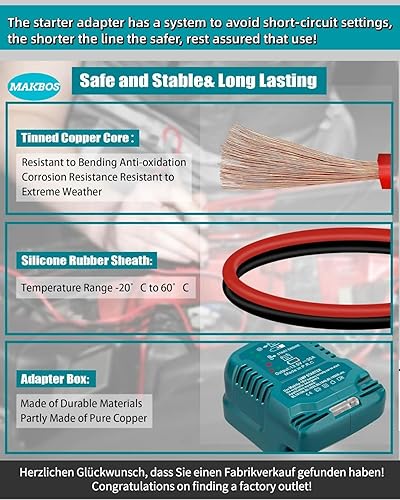 Miniatura 4 de Adaptador de cables de puente para batería Makita de 18 V, batería de arranque portátil de 12 V, adaptador de cable de refuerzo automotriz, motores