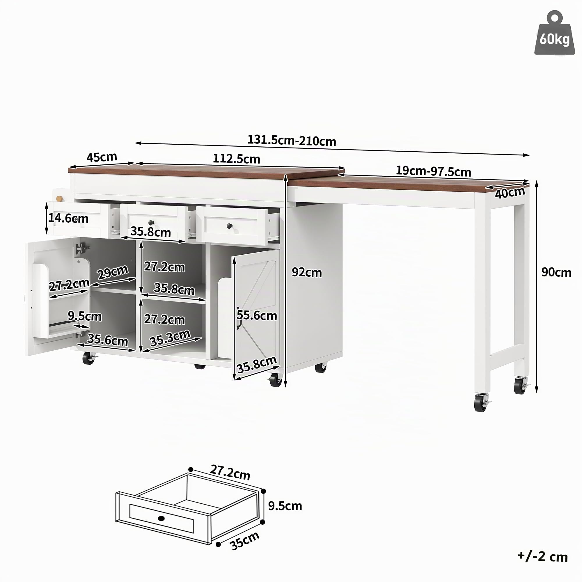 Kebnor Isla de cocina con espacio de almacenamiento, mesa de comedor extensible mesa de bar (131,5-210 cm), giratoria 360°, con cajones y armarios, superficie de trabajo versátil para cocina, comedor