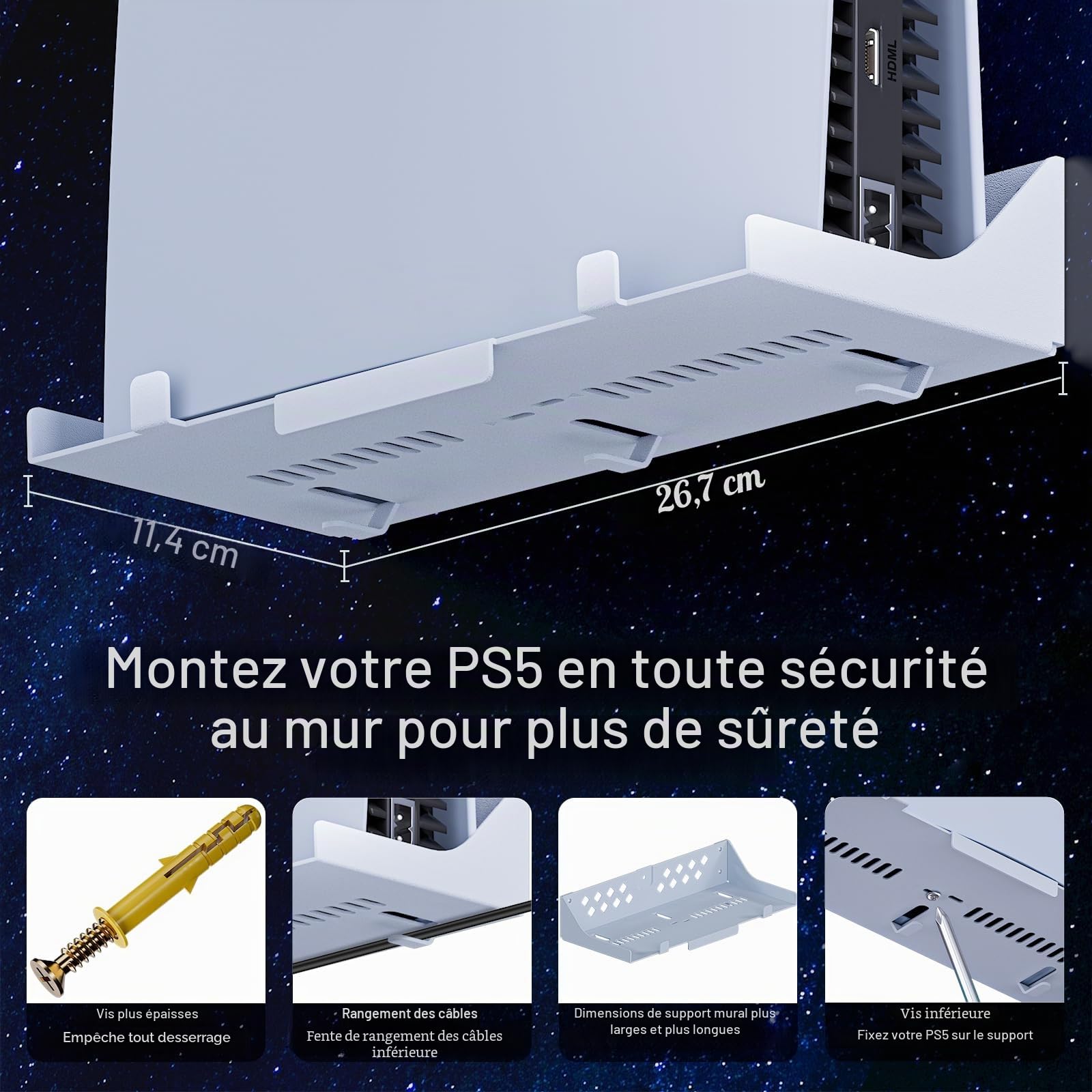 Hosanwell Support Mural pour PS5/PS5 Slim/PS5 Pro Console avec Station de Chargement avec Lumière RGB Multimode, Support Mural Compatible avec PS5 Disc & Digital Version