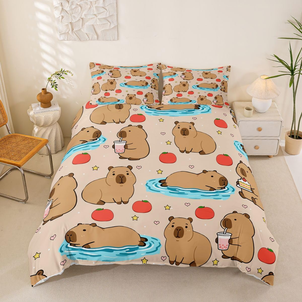 Homewish Kids Capybara Duvet Cover Cot Cartoon Capybaras Bedding Set - Funny Rodent Animals Quilt Cover for Boys Girls Teens - Tomato Stars Love Hearts Decor Bed Set with 1 Pillowcase