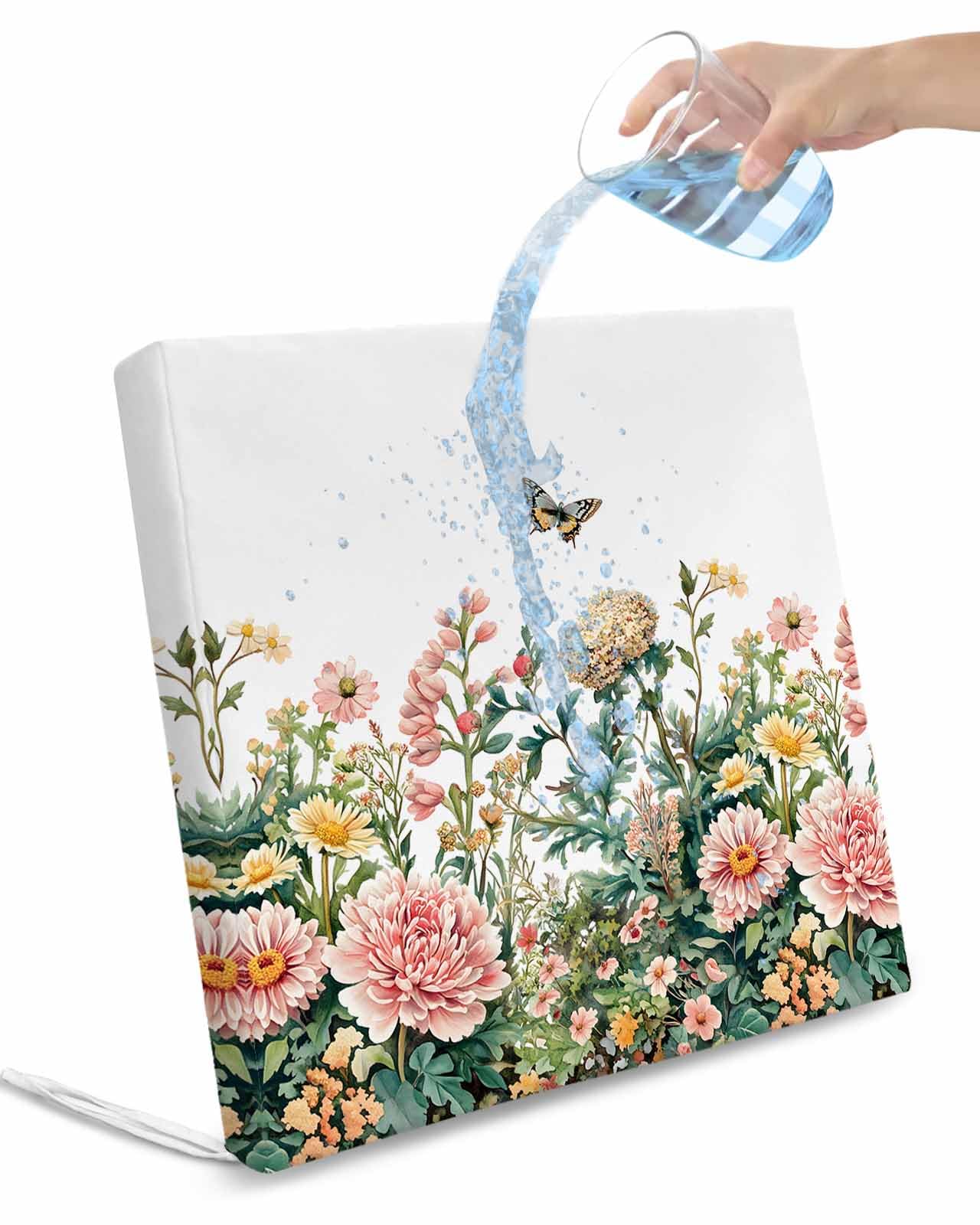 Outdoor Chair Seat Covers, Pink Blossom Floral Butterfly Waterproof Cushion Cover Sectional Summer Garden Botanical Furniture Protector Slipcovers for Dining Room Party Event Chairs 2Pack