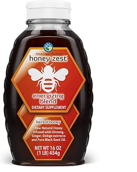 Amazing Herbs Raw Natural Honey - Herbal Honey Infused with Ginseng, Ginger, Ginkgo Extracts & Pure Black Seed Oil, Non GMO, Gluten Free - Honeyzest Energizing Blend, 16 Fl Oz