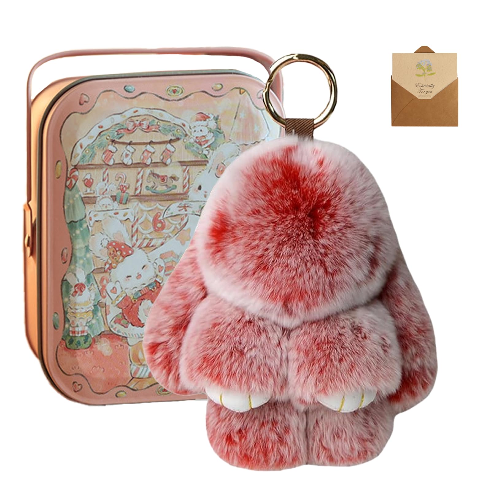 HItianya Fluffy Bunny Keychain, Fluffy Bunny Charms with Exquisite Box, Bunny In a Tin, Handmade Soft Bunny Pompom Keychain for Bags, Keys (Burgundy)