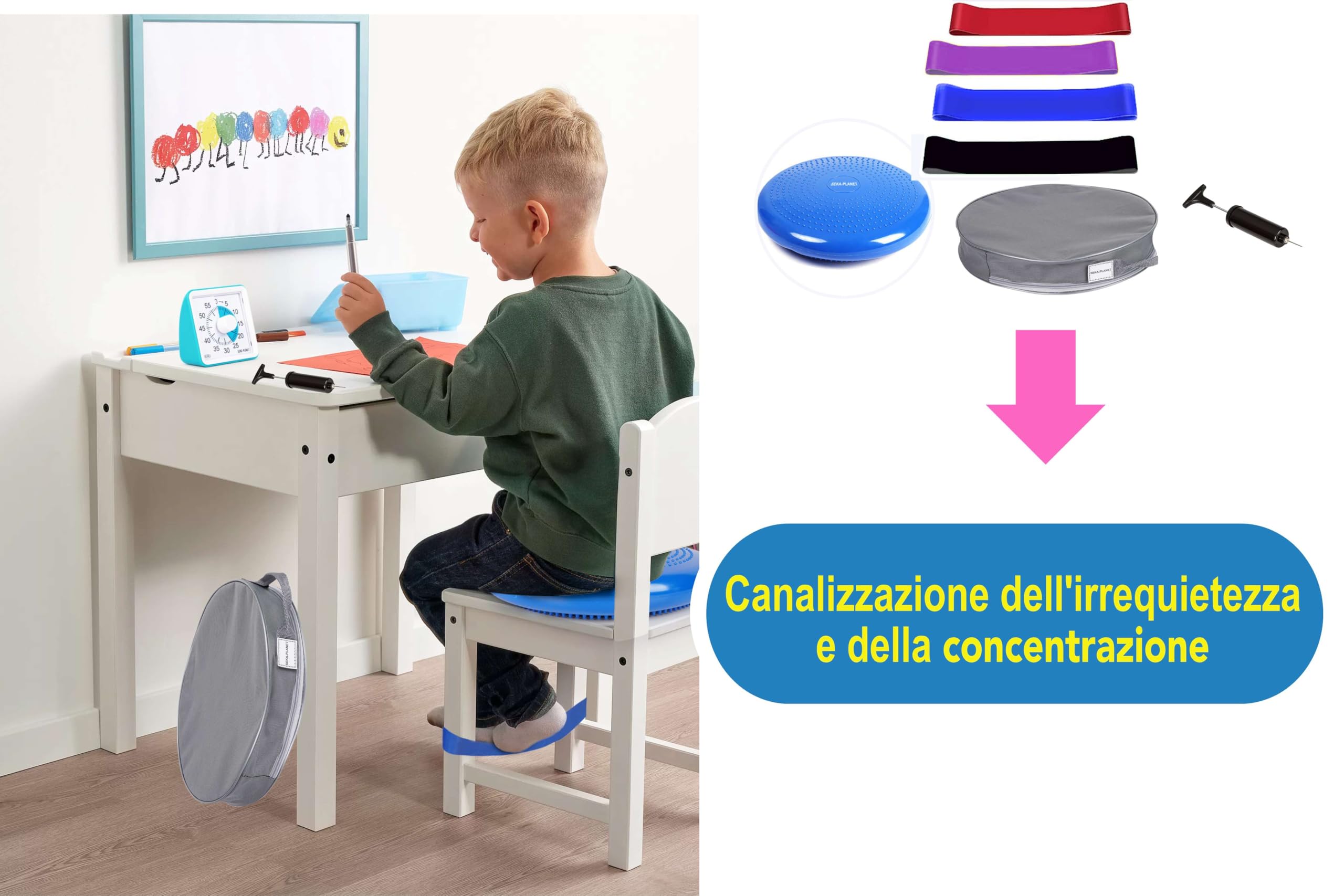 Cuscino ADHD per bambini e fasce elastiche | Massimizza la concentrazione | Canalizza l'Iperattività | Adattabilità Garantita | Sbocciamento giornaliero