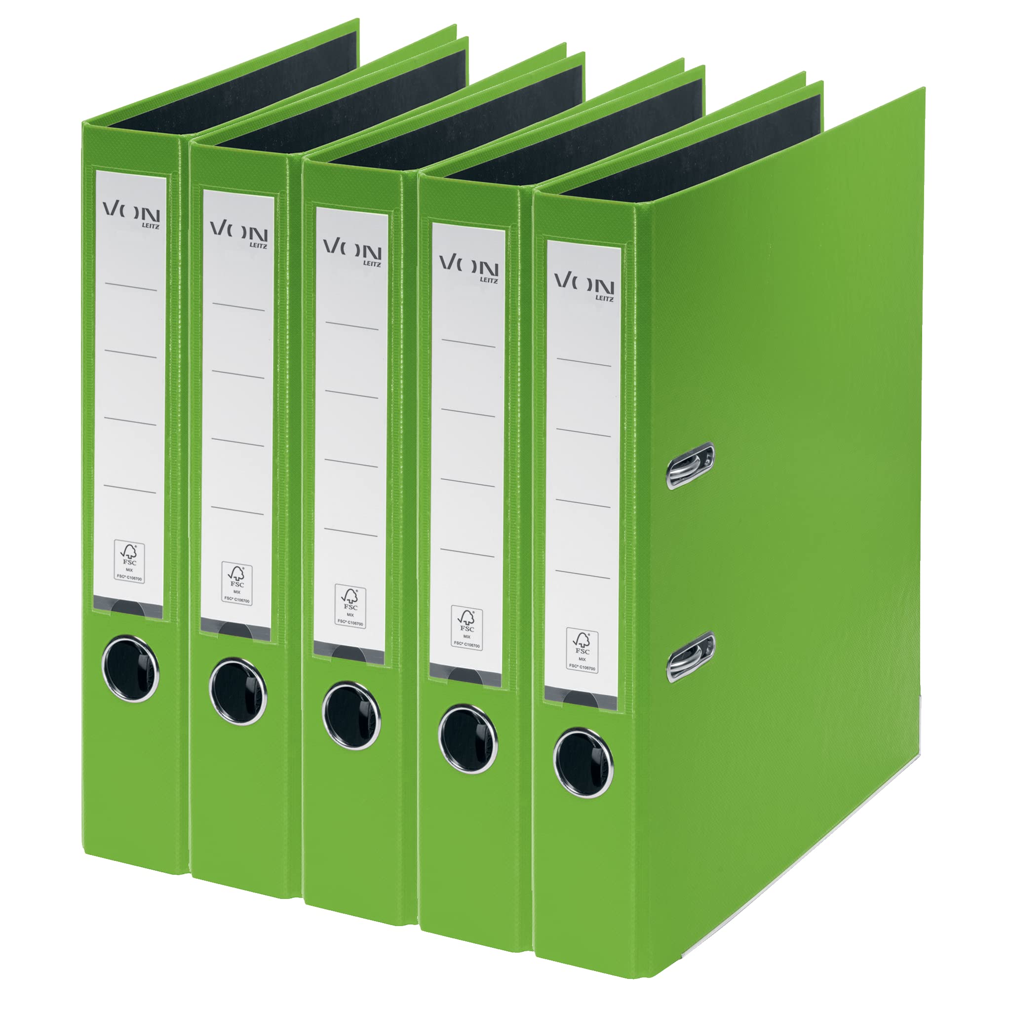 VON Leitz Pack of 5 A4 Folders, Cardboard with Plastic Cover, 80 mm Spine Width, for 350 Sheets, FSC-Certified Cardboard, for School, Study & Home, Green, 10561055