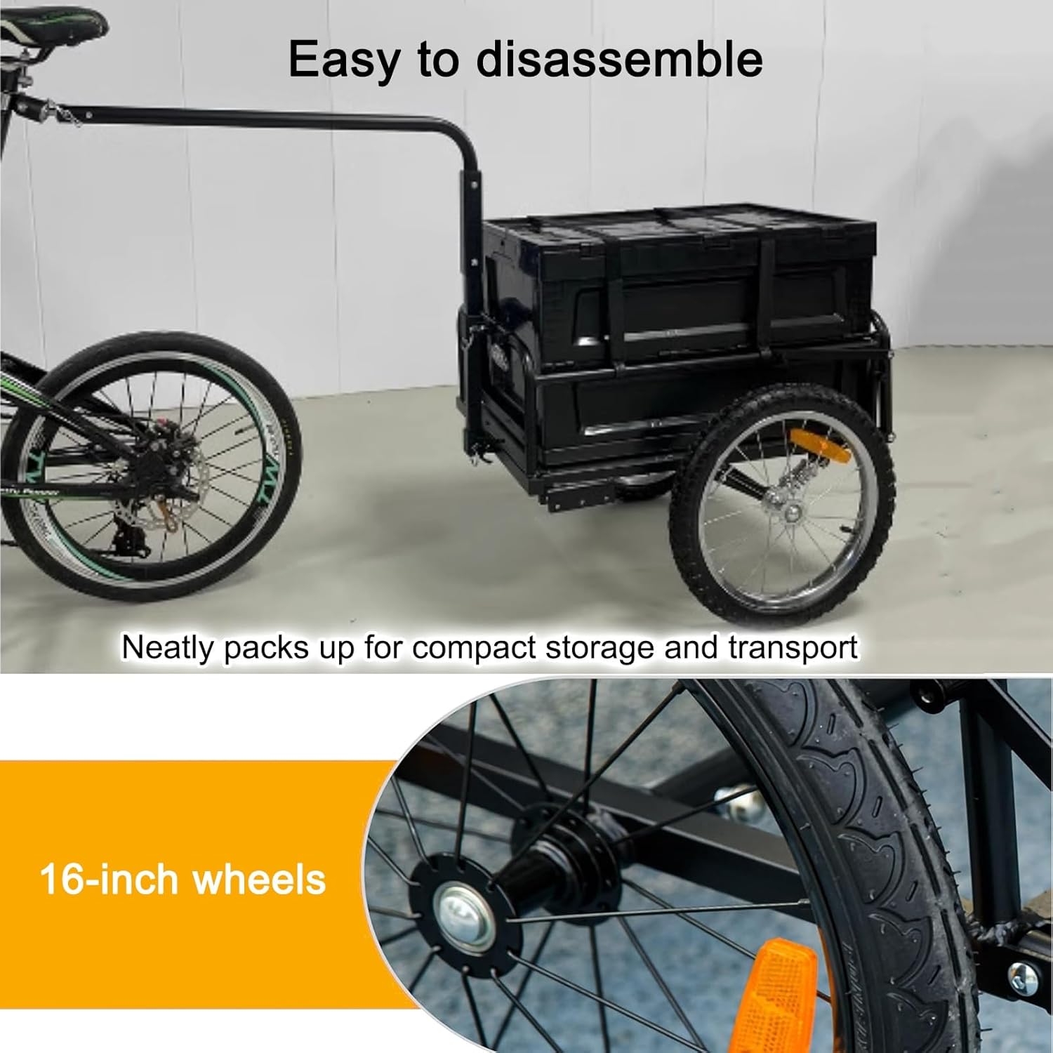 Bike Cargo Trailer, Foldable Bicycle Trailer, Heavy-Duty Bicycle Wagon Cart with Removable Storage Box for Camping, Groceries, Hauling Essentials(Black-A)