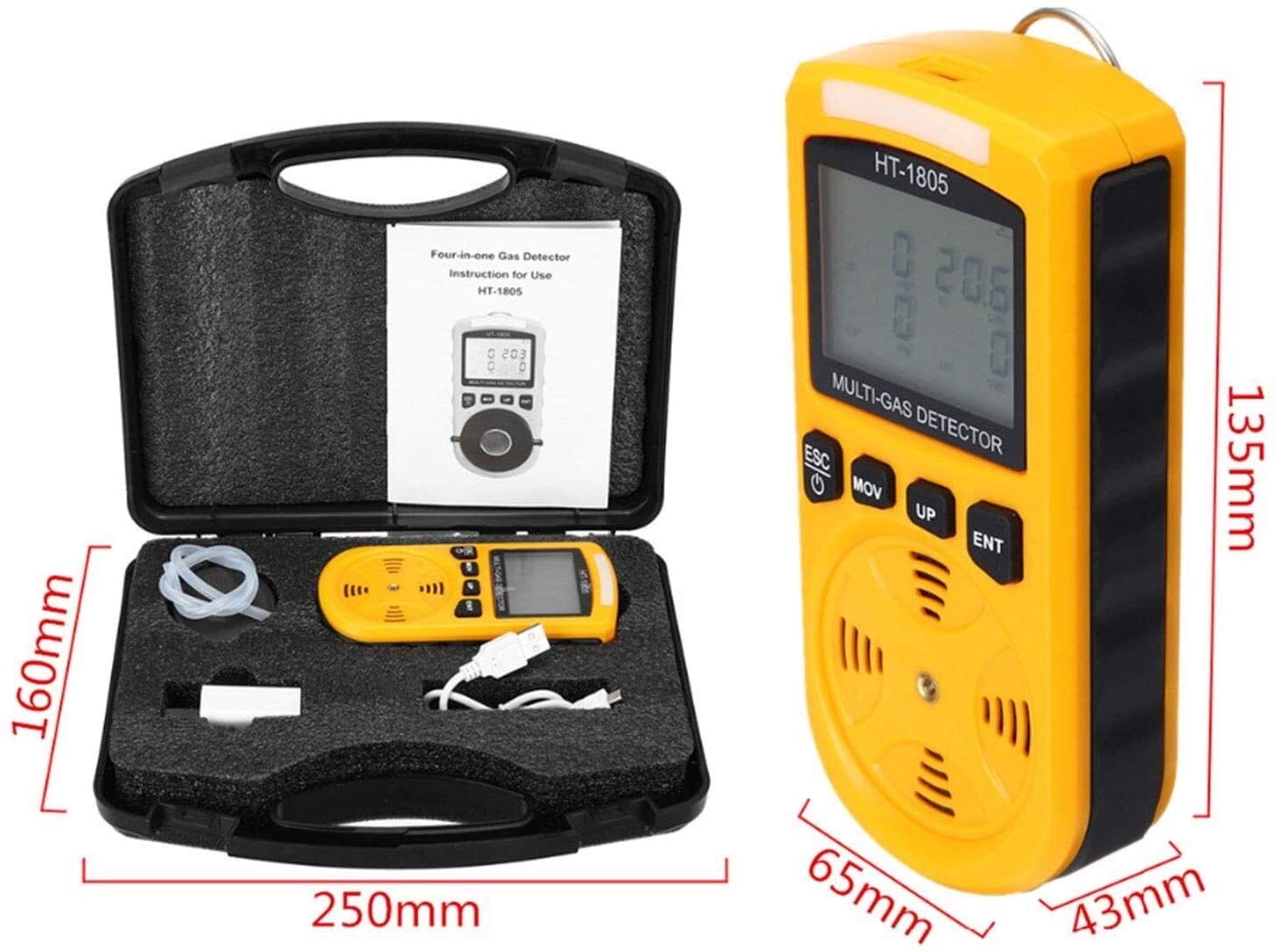 WJJ Detector de Gas Detector de Fugas de Gas-4 en 1 Oxygen O2 H2S Monóxido de Carbono CO Analizador de Gas inflamable Monitor Advertir