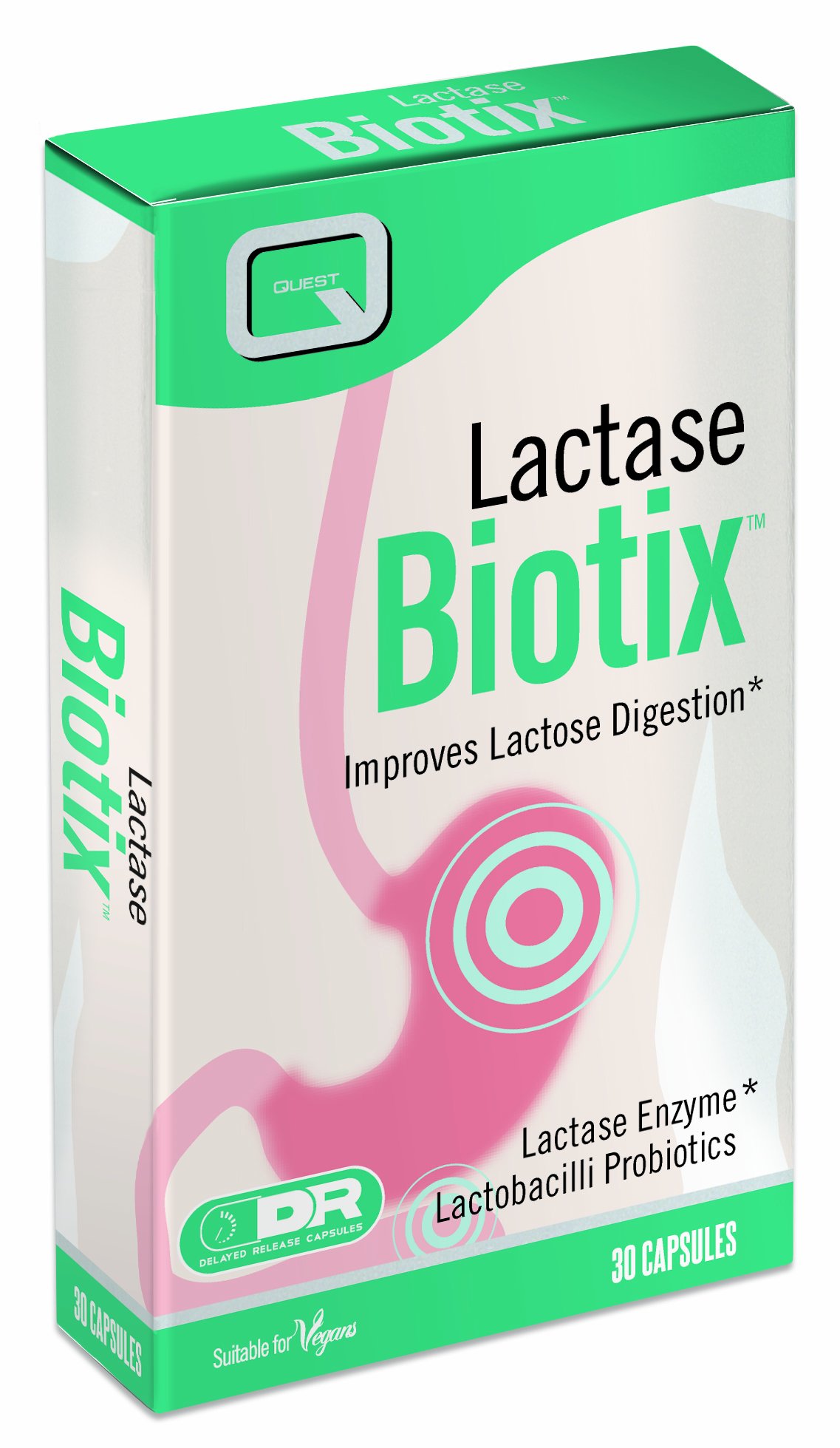 Quest - Dairy Digest Biotix Lactose Intolerance Tablets. 200mg Lactase Enzyme & Lactobacilli. Digestive Supplement to Prevent Gas, Bloating & Diarrhoea. Dairy Free, Gluten Free & Vegan (30 Capsules)