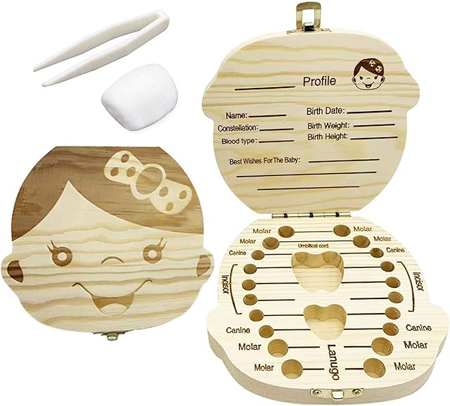 ZKSM Baby Tooth Box, Wooden Kids Keepsake Organizer for Memory Collection Teeth Storage Container Tooth Fairy Holder with Tweezer and Cotton Ball (Girl)