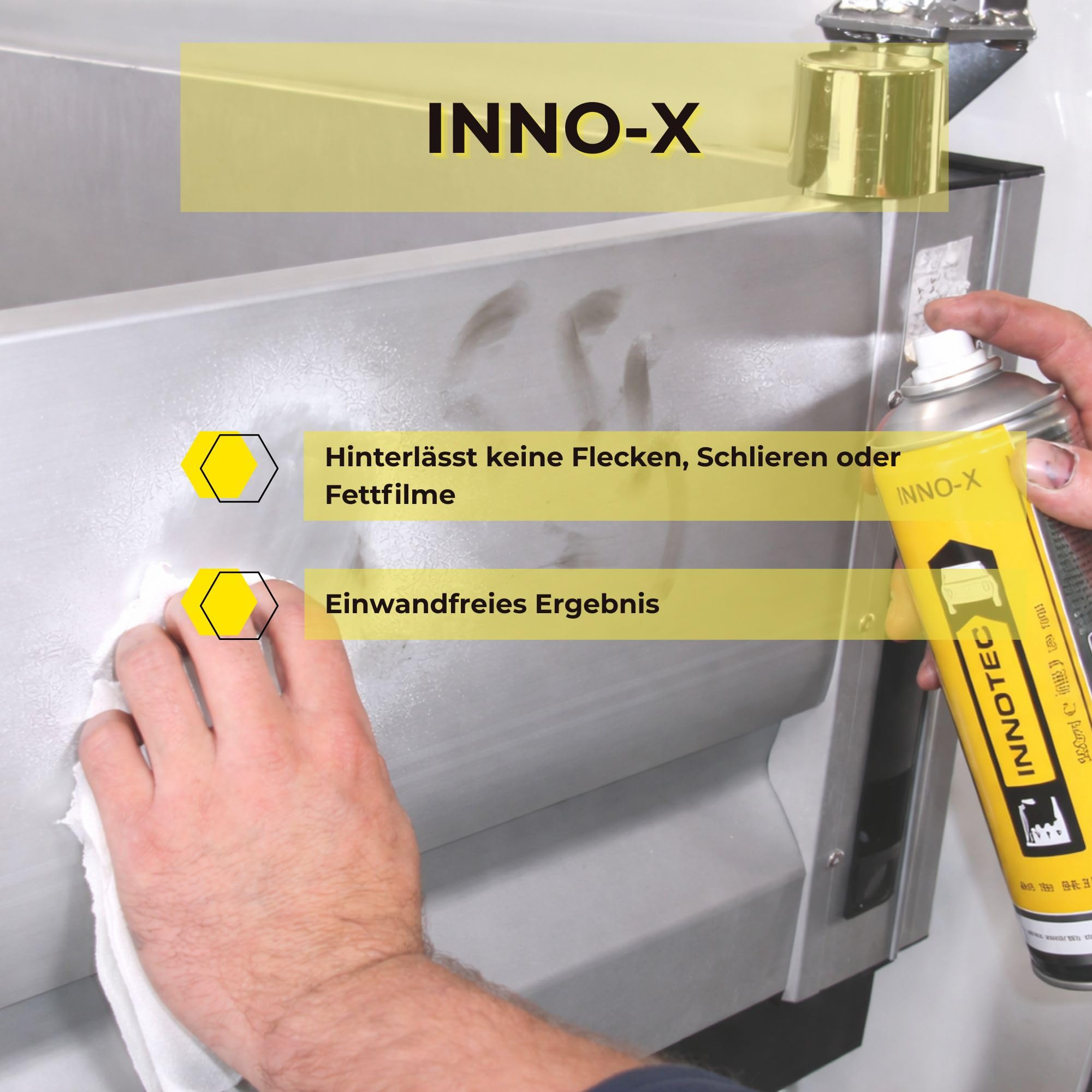2 Stück INNOTEC Inno-X 500 ml – Edelstahl-Reiniger und Pflege-Spray – entfernt Fett, Schmutz, Fingerabdrücke und Verunreinigungen – für Edelstahl, Chrom, Küche, Grill, Industrie und Fahrzeugteile