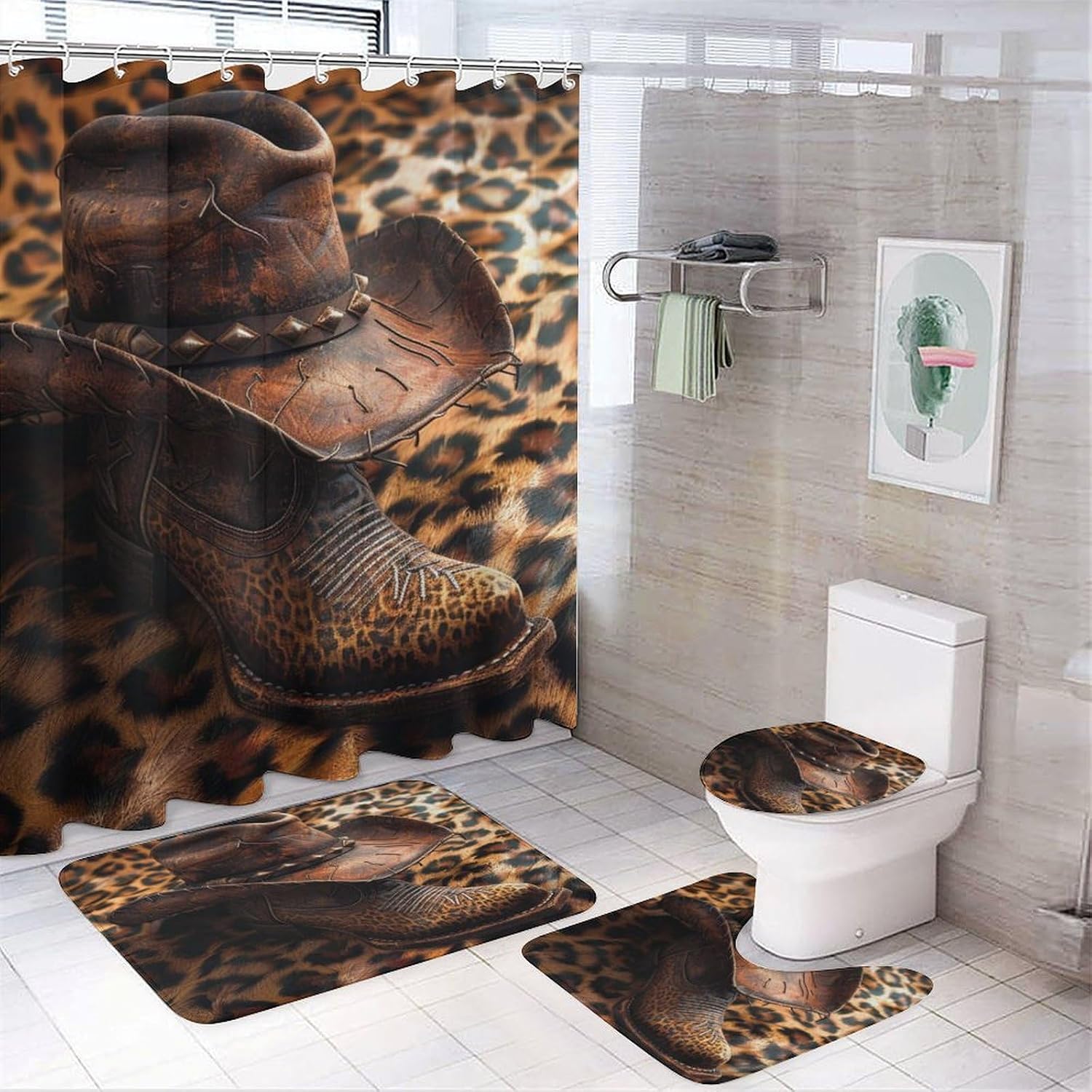 4Pcs Leopard Print Cowboy Hat Shower Curtain Sets, Bathroom Decor Set with Rugs, Bath Mat Golden Cheetah Skin Boots Shower Curtain, 72 X 72 Inch