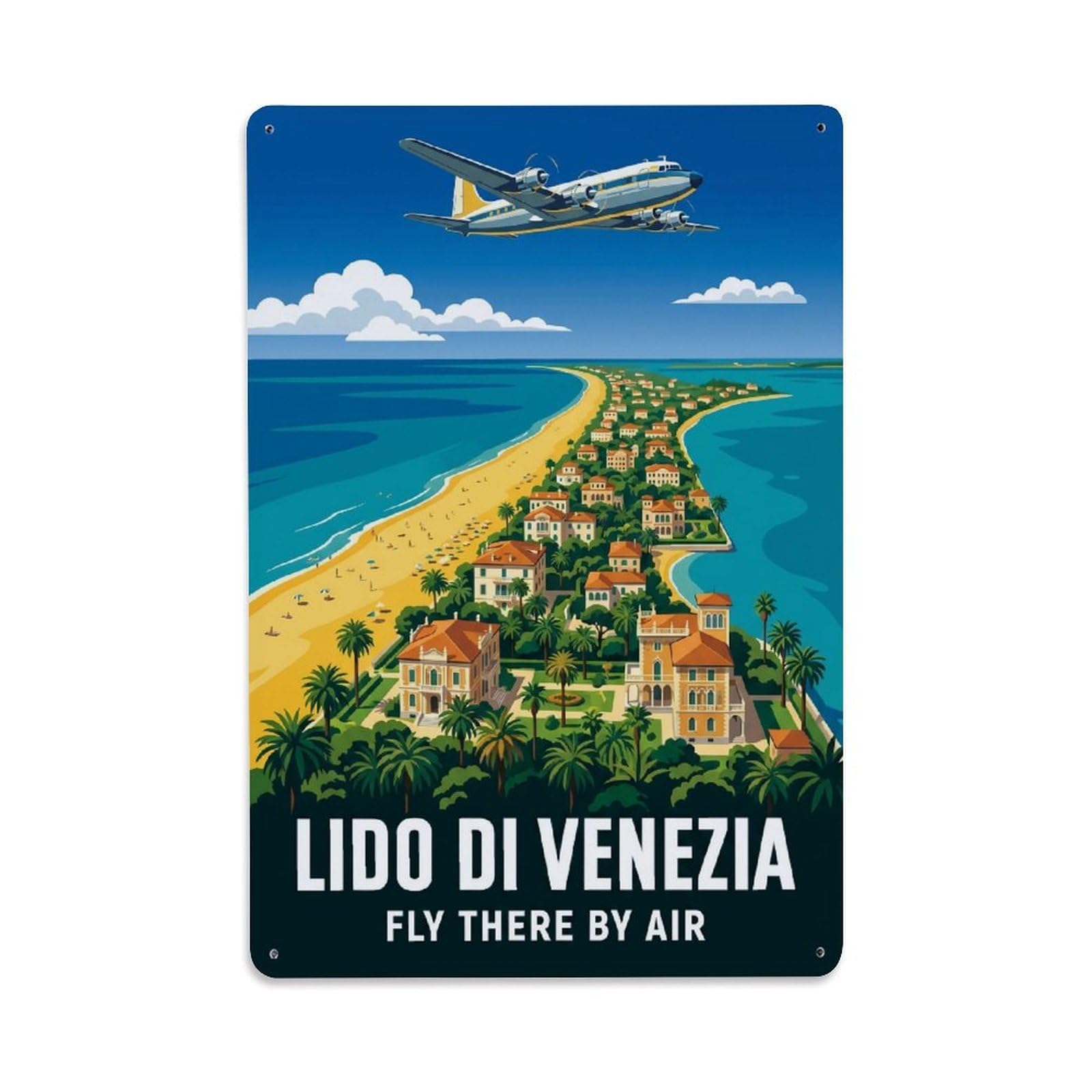 Olhnbad Style Lido Di Venezia Italy Coastal Airplane Travel Metal Tin Sign
