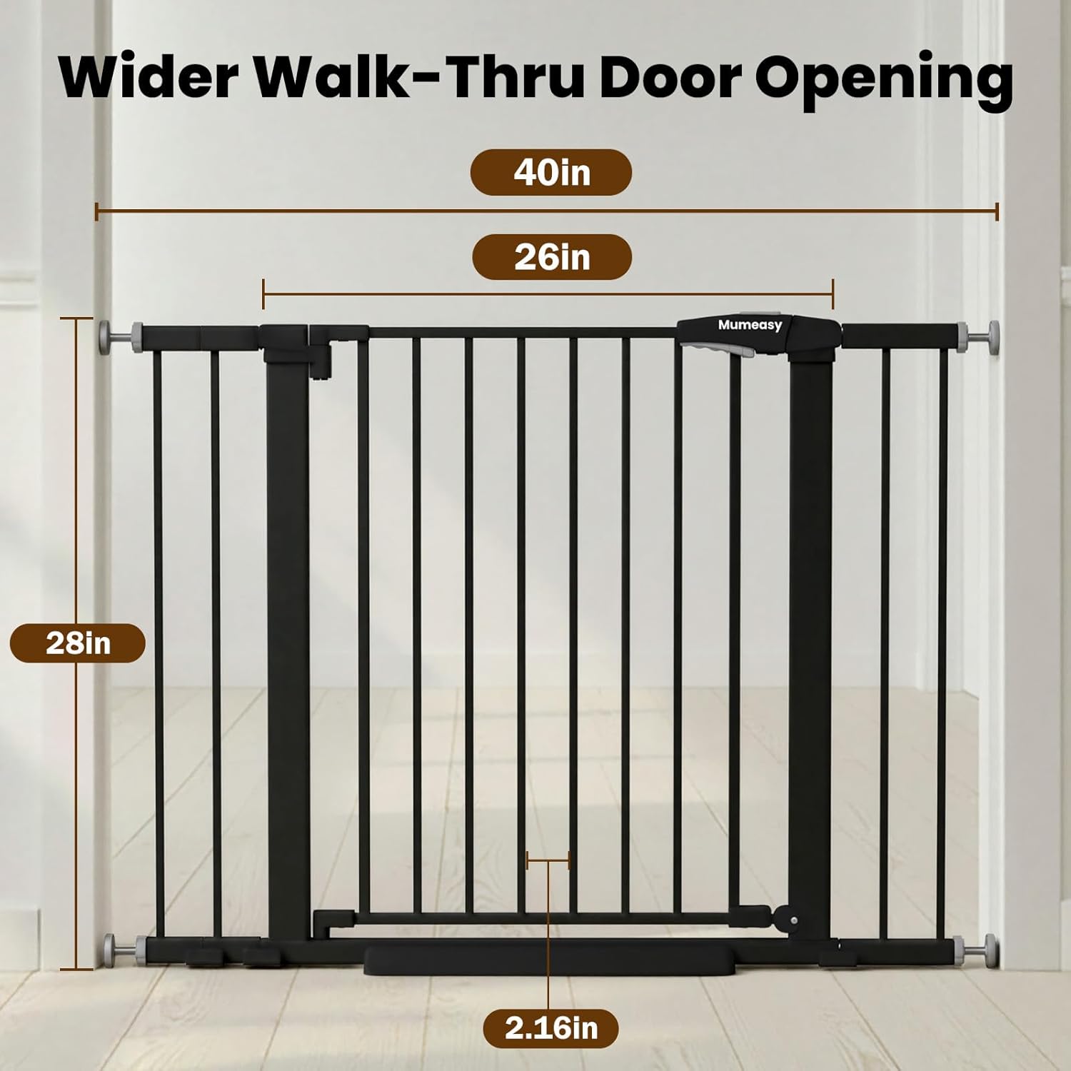 Baby Gate for Stairs, 26-40" Auto Close Dog Gate for Doorways, Pressure Mounted Child Gate with Walk Thru Door, Easy Install Safety Gate for Children and Pets, Black