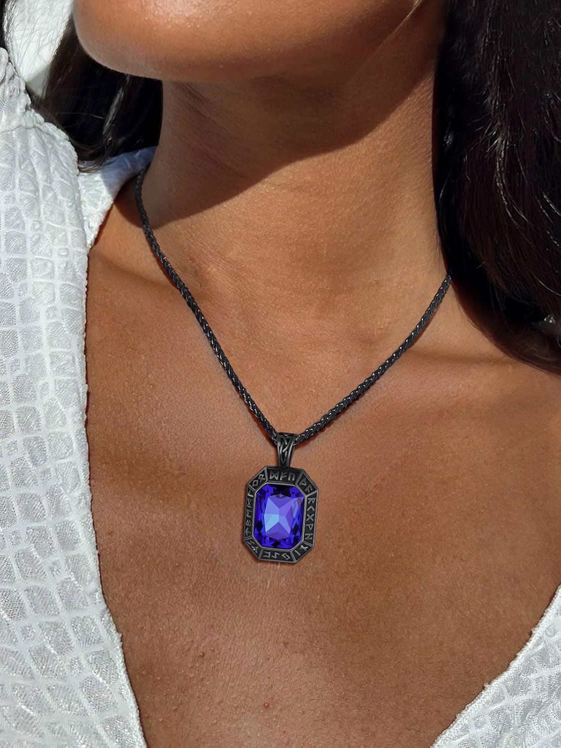 ChainsHouse Viking Rune Pendant Necklace for Men Women, Punk Biker Black Metal/316L Stainless Steel Onyx Norse Vintage Amulet Necklaces with Black/Red/Green/Blue Gemstone, Send Gift Box - Image 2