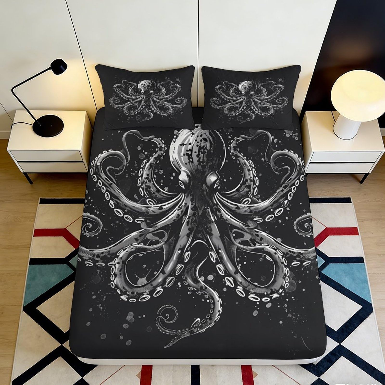 Pnayamiorkfel Style-1 3D Printed Black Octopus Fitted Sheet Microfiber Soft Breathable Ocean Animal Mattress Cover For Bedroom Dorm Decor 90X200x25cm