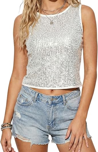 Womens Sparkly Sequin Crop Tank - Glitter Party Top for Vegas Outfits, Disco & Country Concerts