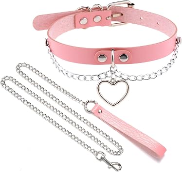 Love Heart Pink Collar Soft PU Choker Necklace Set with Chains for Cat Pet Cosplay Novelty Jewelry Gift Adjustable 11-15 inches Pink