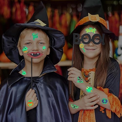 Miniatura 3 de Tatuajes temporales luminosos de Halloween para niños, 10 hojas de calcomanías de tatuaje que brillan en la oscuridad, recuerdos de fiesta de