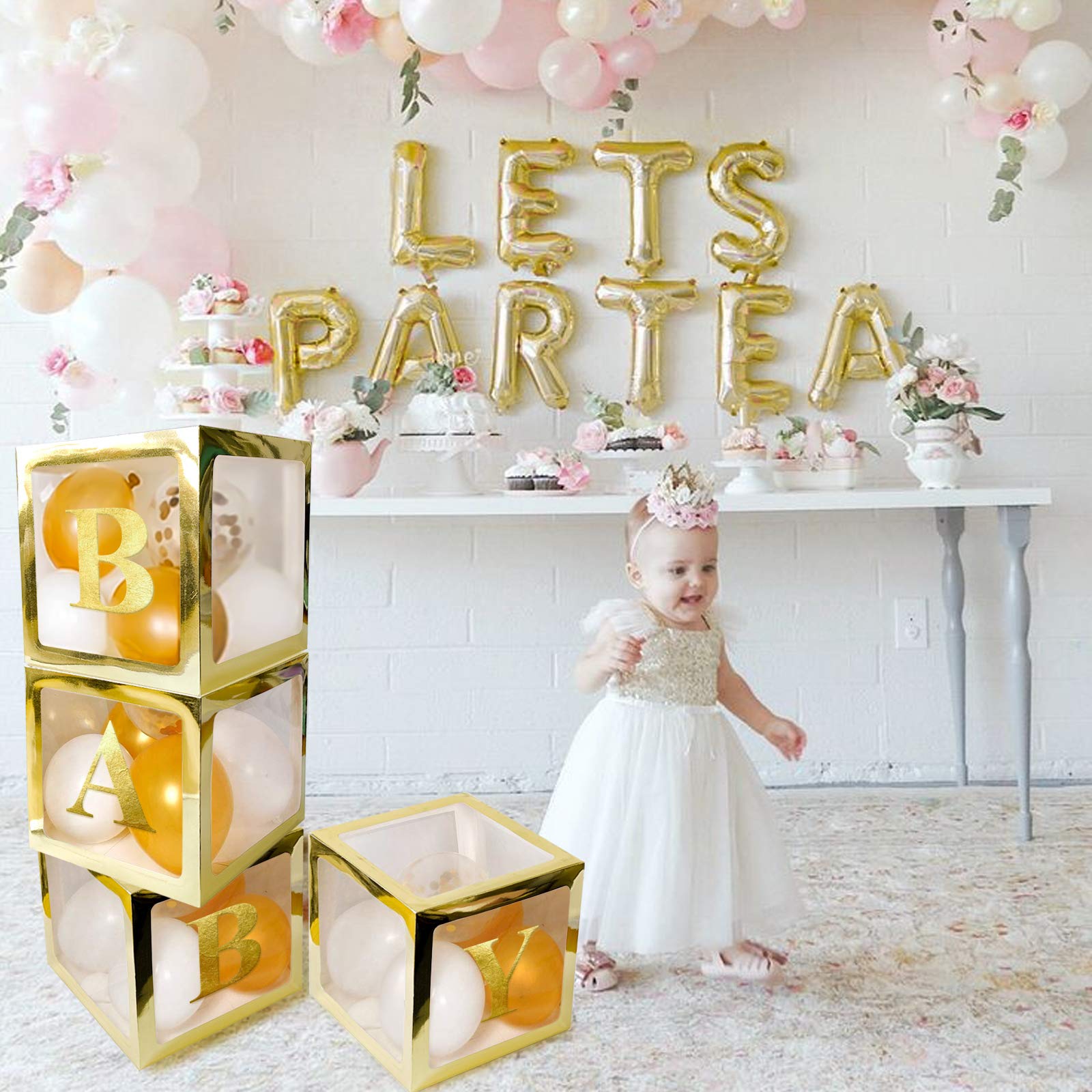Lot De 4 Boîtes à Ballons Dorées Transparentes Avec 30 Lettres, 10 Chiffres Et 5 Symboles UNIIDECO Pour Révélation Sexe, Baby Shower Et Fêtes