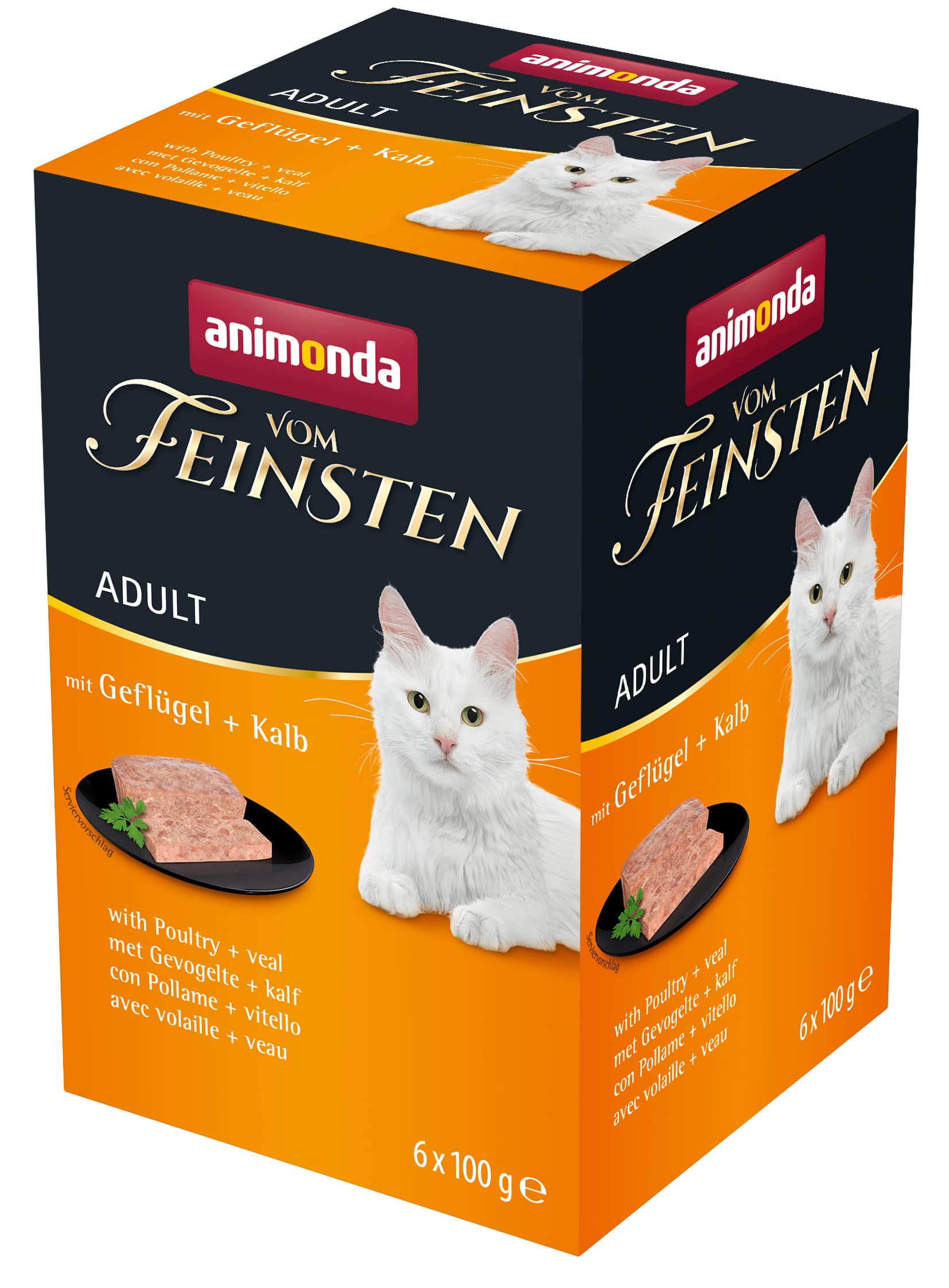 animonda vom Feinsten Katzenfutter nass mit Geflügel + Kalb (6 x 100g), getreidefreies Katzenfutter nass ohne Zucker, mit frischen, fleischigen Zutaten