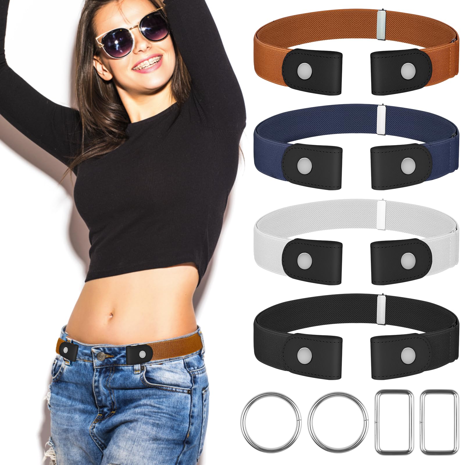 【4 Pcs】No Buckle Stretch Belt for Women and Men Elastic Waist Belt Invisible Belts for Jeans Pants