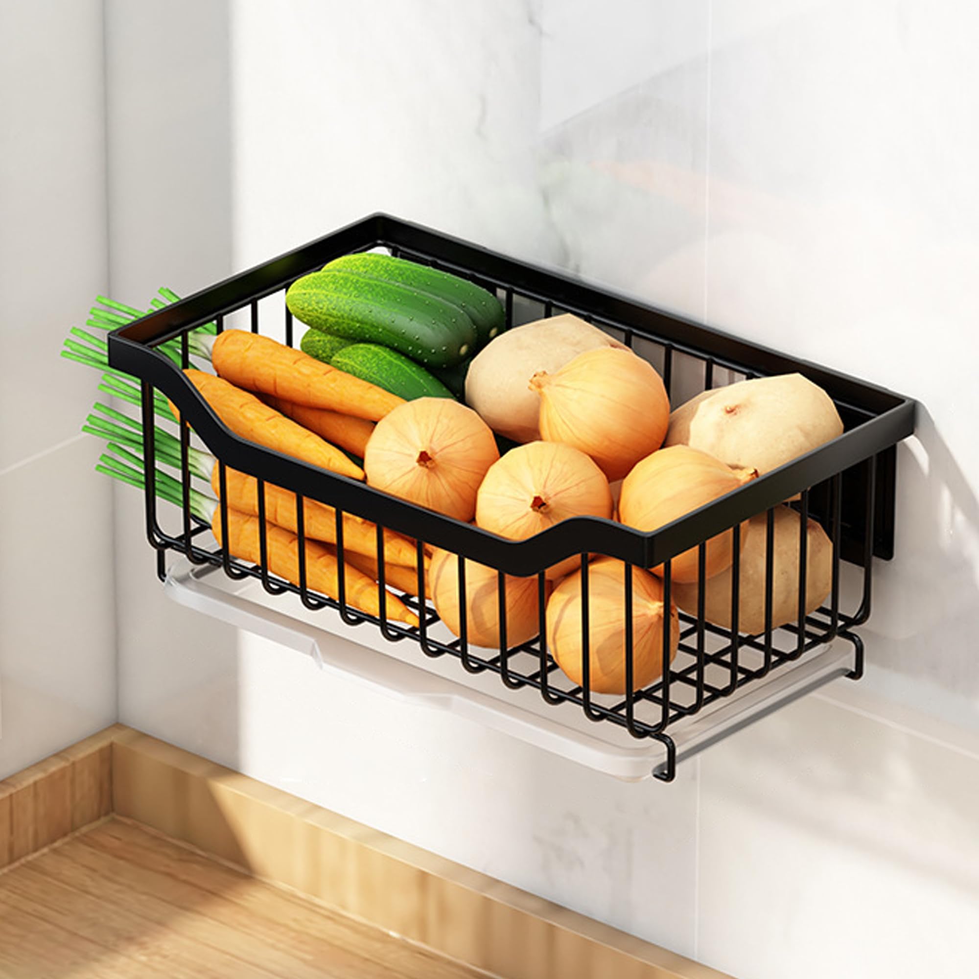 Krtresiar Wall Hanging Fruit Baskets for Kitchen, Fruit and Vegetable Storage with Drawable Tray, Wall Mounted & Counter Wire Basket for Bathroom, Living Room, Pantry (Black)