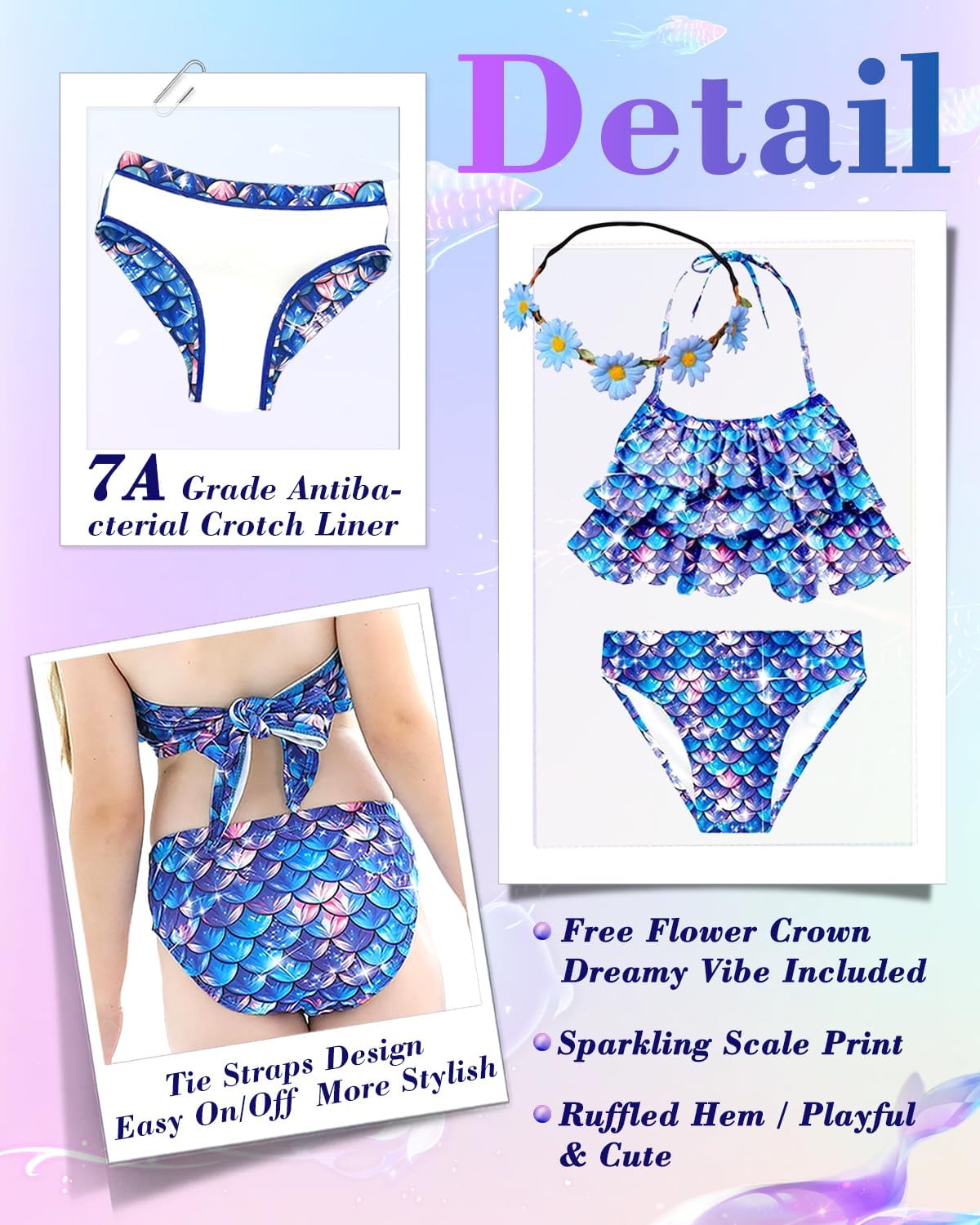 Girls Swimsuit 2 Piece Bikini Set, Ruffle Top & Daisy Headband, UPF 50+ Quick Dry Bathing Suit Age 5-10