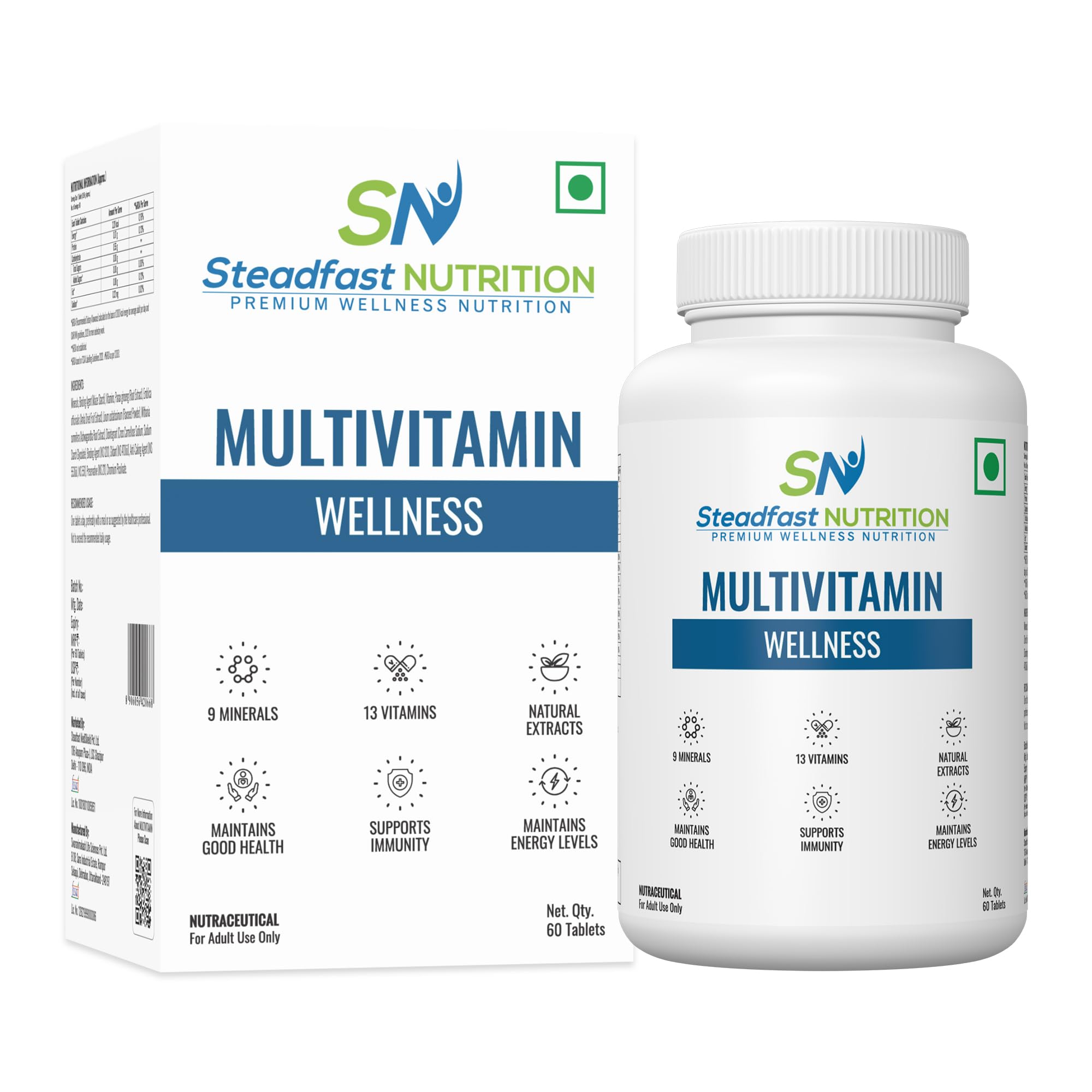 Steadfast Nutrition Multivitamin for Men & Women | Contains 4 plant extracts |13 Vitamins, 9 Minerals, Omega 3 Fatty Acids| Helps to maintain good health and well-being, 60 Veg. Tablets
