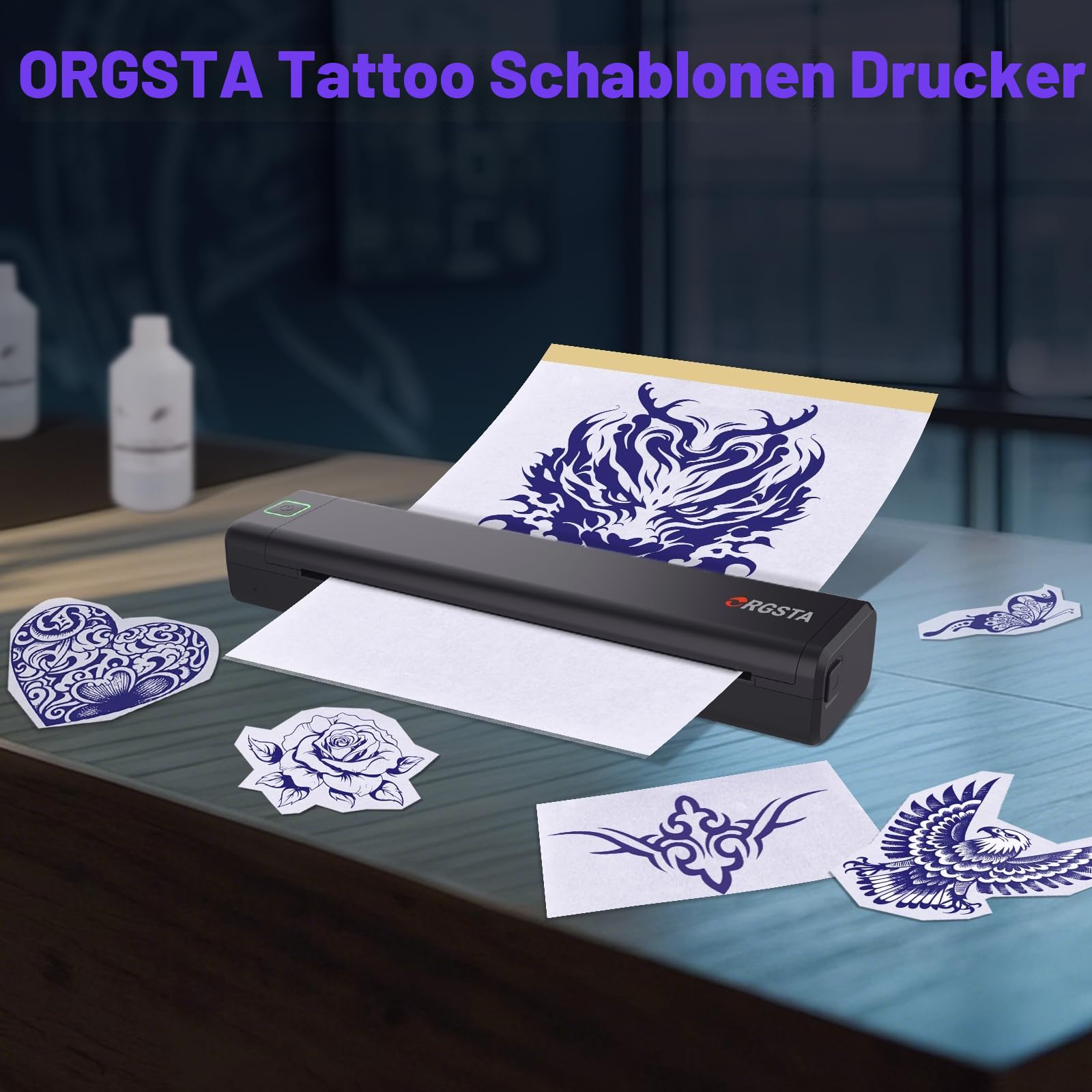 ORGSTA S008 Tätowier Schablonendrucker Bluetooth Thermodrucker Tattoo mit 10 Stück Papier, Tattoo Vorlage Ducker Kabelloser Thermodrucker für Künstler und Anfänger