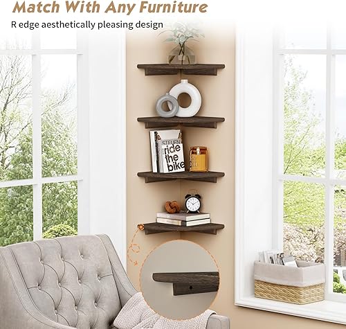 Miniatura 5 de Forbena Juego de 4 estantes de esquina flotantes para pared, estantería de esquina pequeña para libros de dormitorio, estante de esquina redondo de