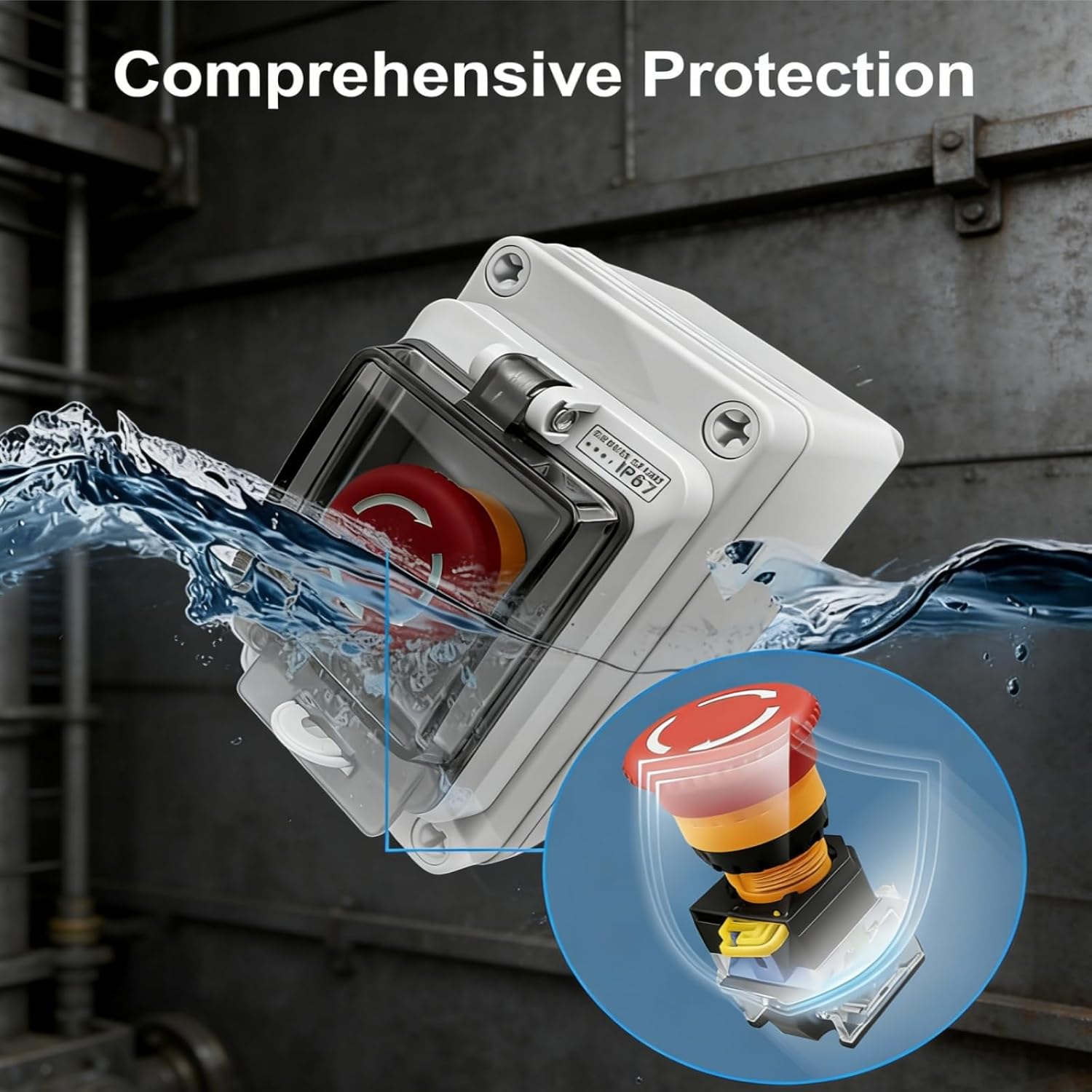 Emergency Stop Button with Weatherproof Box, 660V 10A, IP67 Rated, Emergency Shut Off Switch, E-Stop Red Push Button Switch