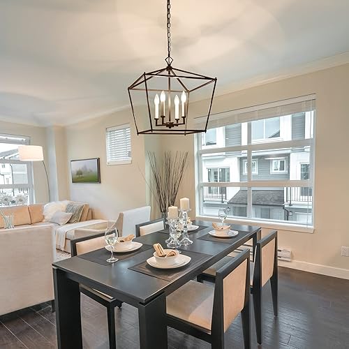 Miniatura 2 de Iluminación colgante para isla de cocina, lámpara negra para vestíbulo, lámpara de granja con jaula de farol, 17.5 pulgadas de ancho x 20 pulgadas