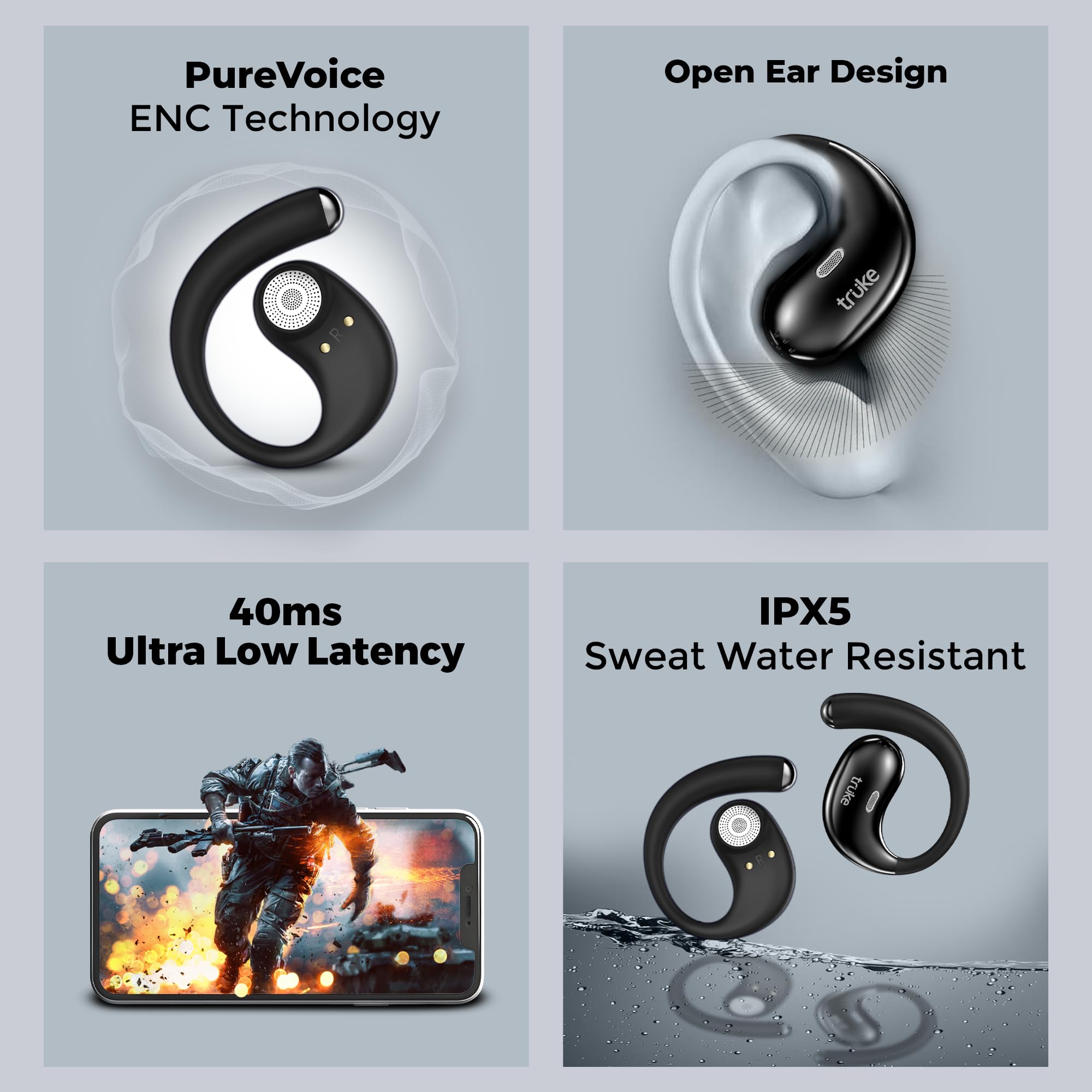 truke New Launch ResonanceX Open Ear Wireless Earbuds, 24-bit Spatial Audio, 70Hrs Playtime with Fast Charging, 16mm Titanium Drivers, 40ms Low Latency, Quad Mic ENC Calls, Made in India (Ash Black) — Amazon image 8