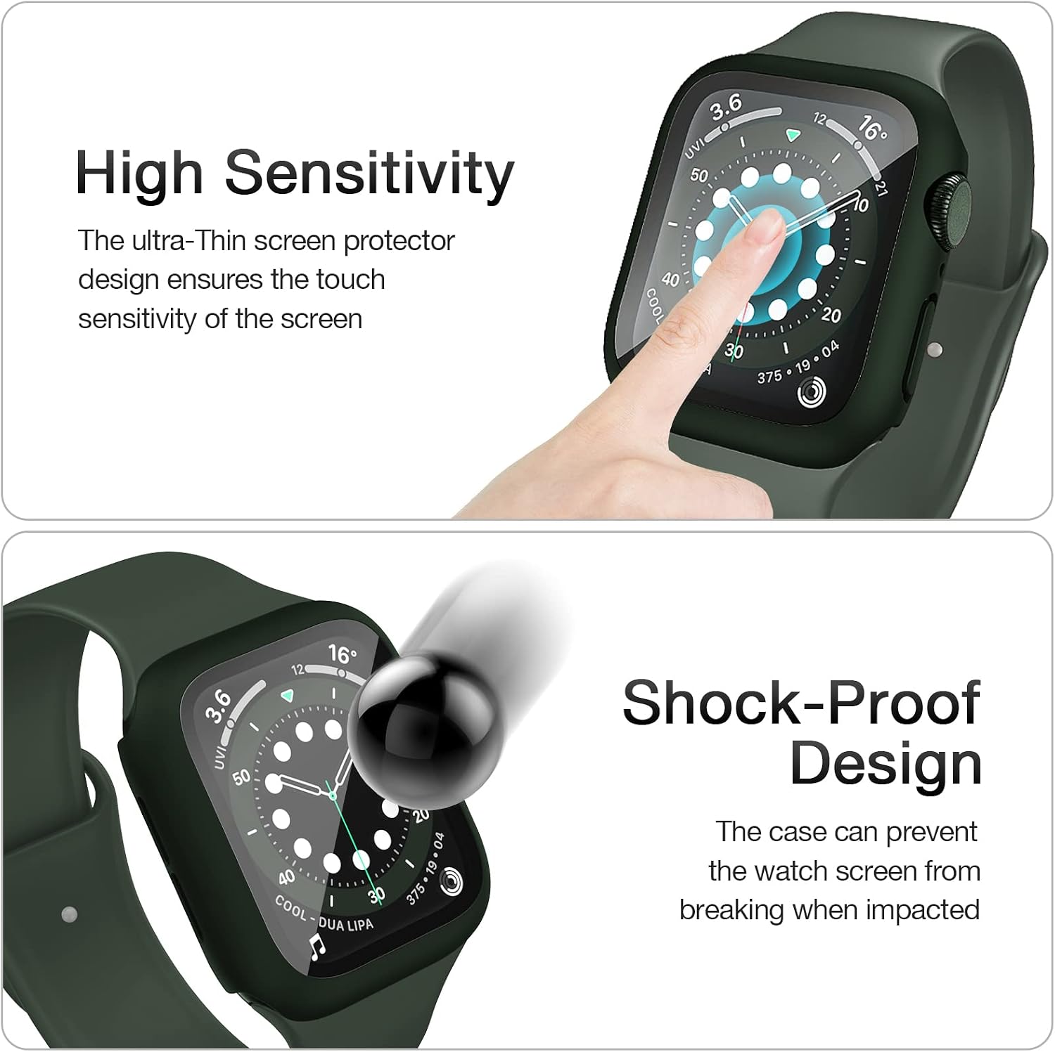 BELONGME [2 Pack] Compatible for Apple Watch Series 8 7 SE 6 5 4 Screen Protector Case 45mm 44mm 41mm 40mm, Waterproof Hard PC Full Protective Cover Bumper for iWatch Case Men Women (45mm Green).