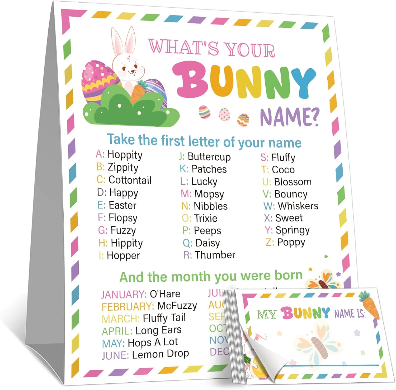 Easter Party Games Cards, What's Your Bunny Name Game Set, Easter Eggs Party Games for Adults Family Large Groups, 1 Easter Name Game Double Sided Sign, 30 Bunny Name Stickers