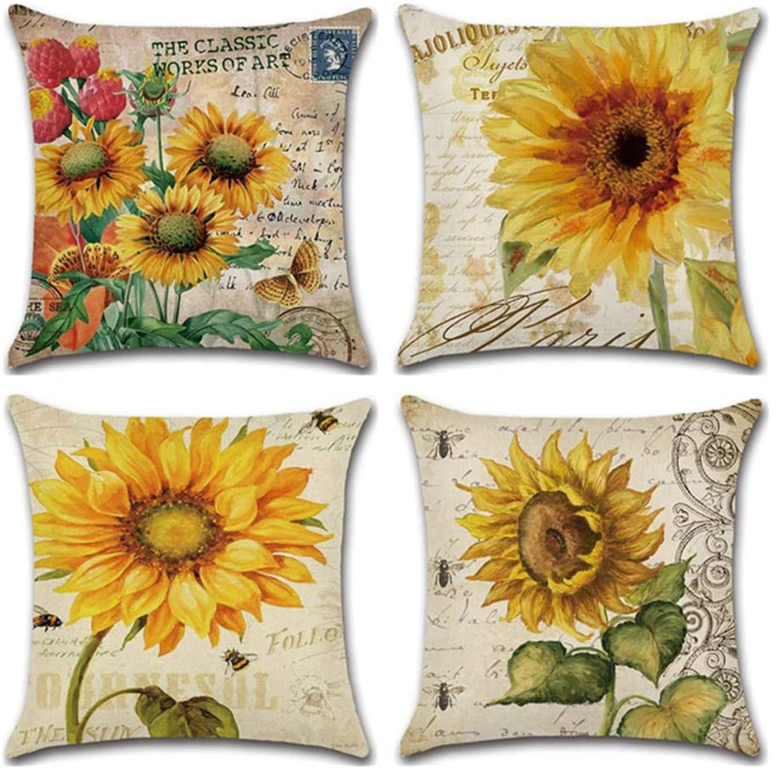 Cuscini per Divano 50x50cm Set da 4 Fodere Cuscini Fiori Gialli Decorativo Lino Cuscini per Divani Doppio Lato Quadrati Fodere Cuscini per Divano Soggiorno Sedia Letto Decorazione
