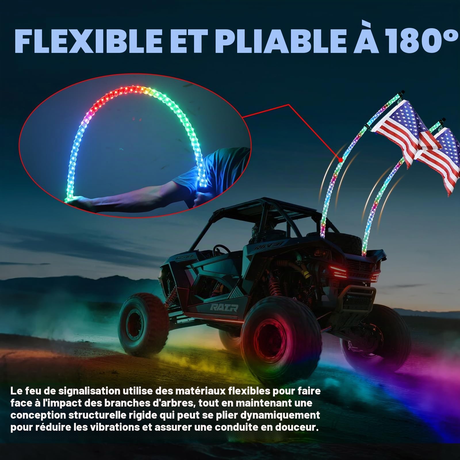 1 pièce de 1 m de lumières LED Whip pour UTV/VTT, APP et télécommande, modes de couleurs changeantes, lumière tout-terrain étanche pour Can-Am, Polaris RZR, buggys de dune, base à ressort