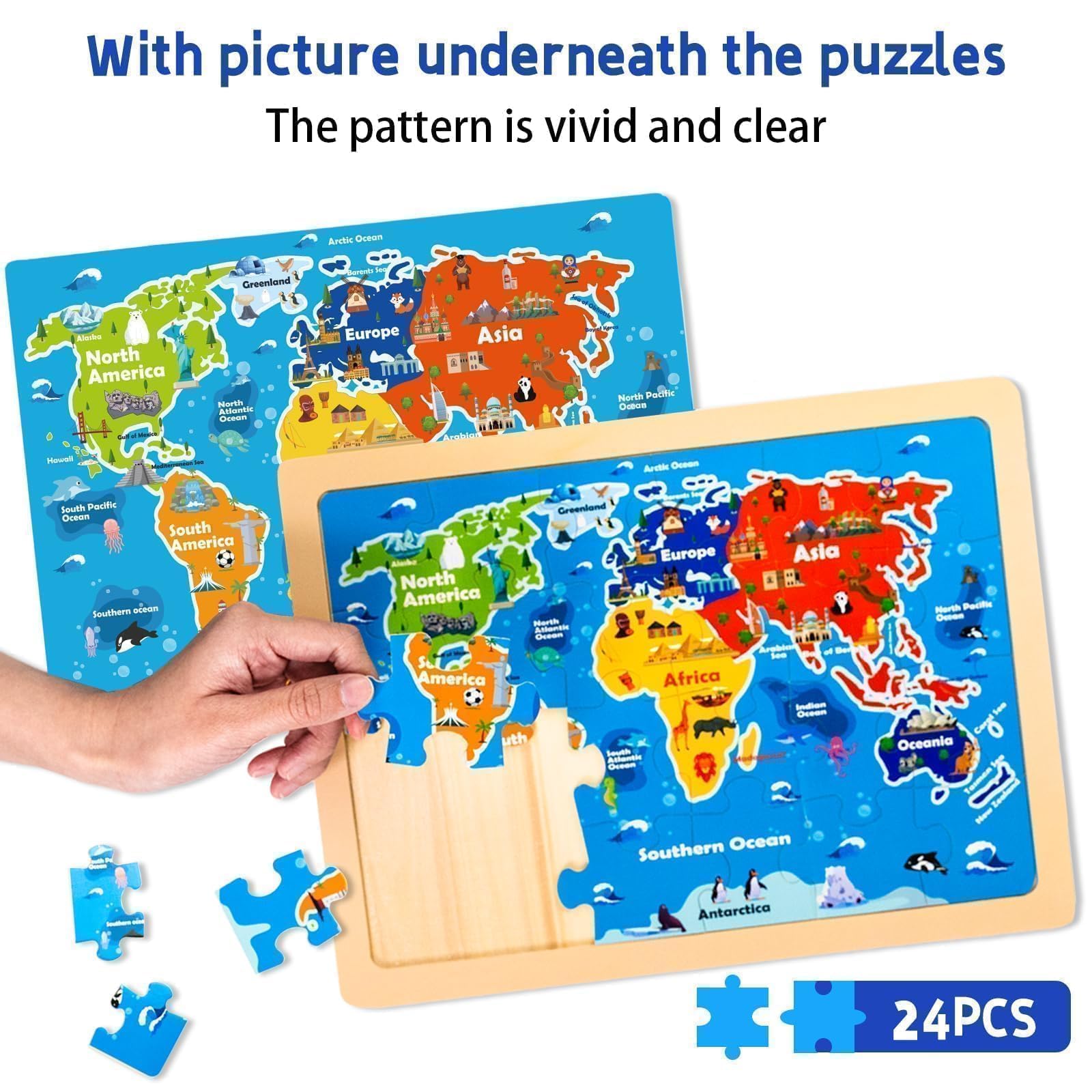 Holzpuzzle für Kinder von 2 bis 4 Jahren, 6 Packungen à 24 Stück, Sonnensystem, Weltkarte, Puzzles für Kleinkinder von 3 bis 5 Jahren, Lernspielzeug für Kinder im Vorschulalter