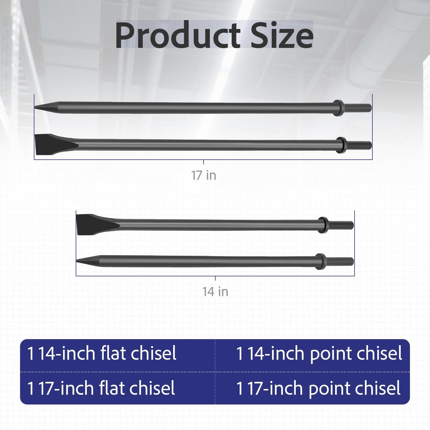 Air Pneumatic Hammer Chisel, 350mm & 450mm Long, Includes Flat and Point Chisels with Round Collar for Concrete and Tile（4pack)